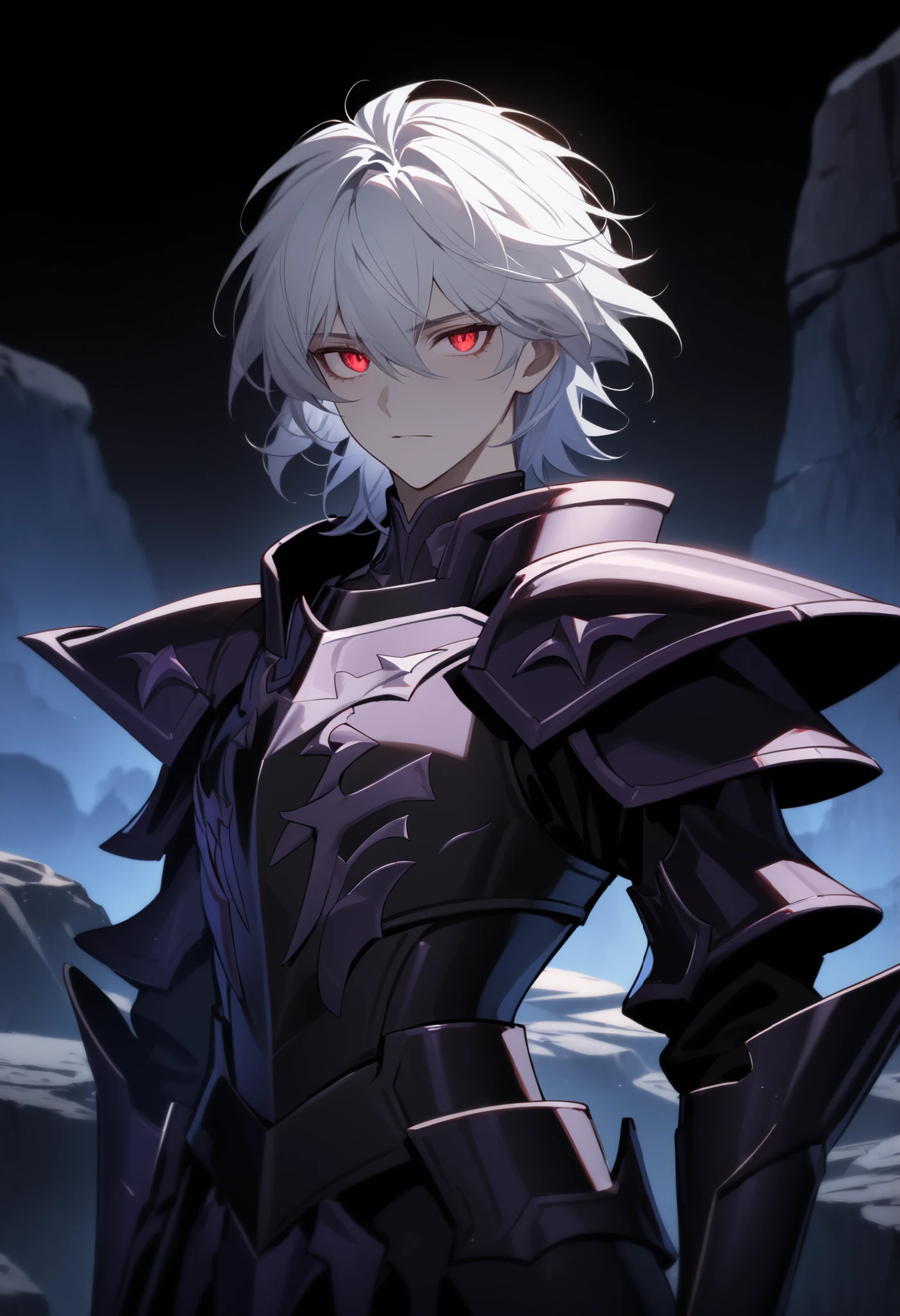 (high-quality, breathtaking),(expressive eyes, perfect face) Symmetrical Eyes, 1boy, male, solo, looking at viewer, black background, soft eerie blue lighting background, rock terrain background, Dark Purple Armor, trim, full plate armor, half body shot, solo, black armor, Specter, Dark Knights, male focus, perfect composition, red eyes, white hair