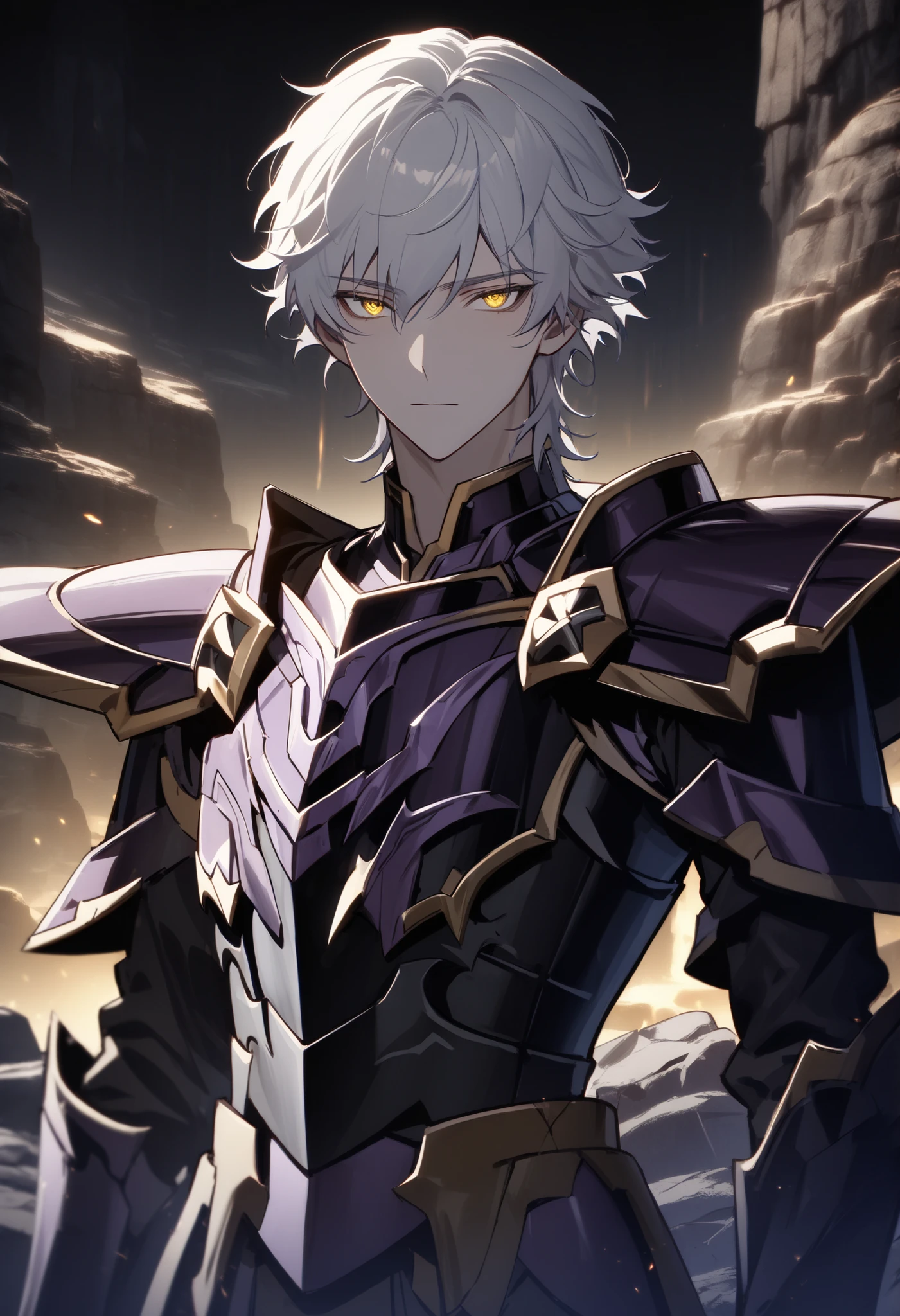 (high-quality, breathtaking),(expressive eyes, perfect face) Symmetrical Eyes, 1boy, male, solo, looking at viewer, black background, soft eerie blue lighting background, rock terrain background, Dark Purple Armor, trim, full plate armor, half body shot, solo, black armor, Specter, Dark Knights, male focus, perfect composition, yellow eyes, white hair