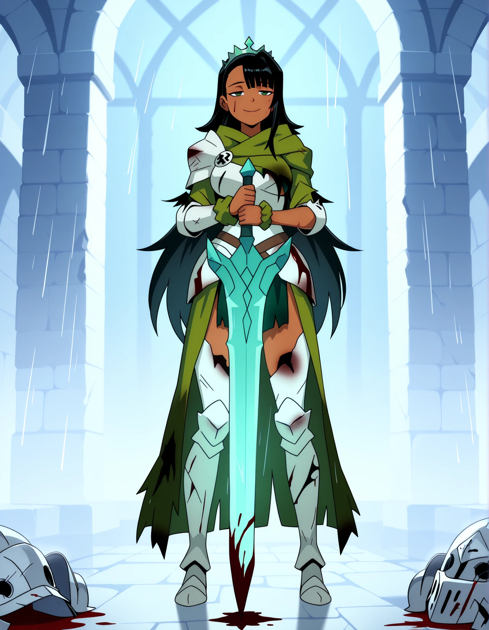 ((Highest Quality)), 1girl, Standing, solo, Full body, medium breast, thighs, smile, half-closed eyes, dark skin, Dark-skinned, Dark-skinned female, green eyes, black hair, very long hair, side bangs, single hair intake, wrist scrunchy, Green princess tiara, green tiara, princess tiara, knight robe, player, in the routines of a castle, lighting, Holding sword, thick-bladed sword, green-bladed sword, large sword, sword, swordmaster, Medieval royalty full Body armor, ( royalty full body armor), Full body, green robe, robe under armor, armor over robe, raining, night background, Blood stains, blood stains on clothes, after battle, Damaged armor, torn clothes,