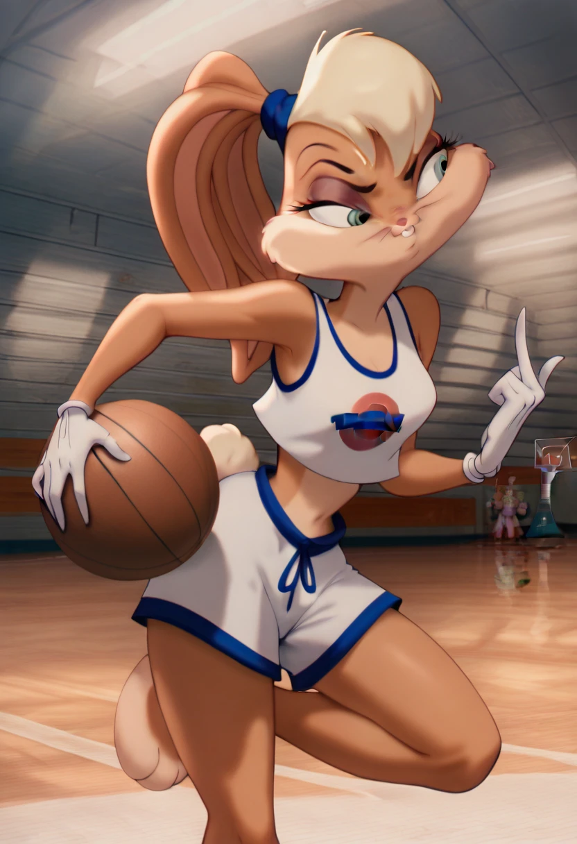 lolabunny, 1girl, solo, furry female, rabbit ears, rabbit girl, animal nose, crop top,white gloves,basketball, holding,  blue eyes, body fur, standing, tail sleeveless,white shorts, buck teeth,cowboy shot,smile,looking at viewer, outdoors, score_9, score_8_up, score_7_up, score_6_up, score_5_up, score_4_up   