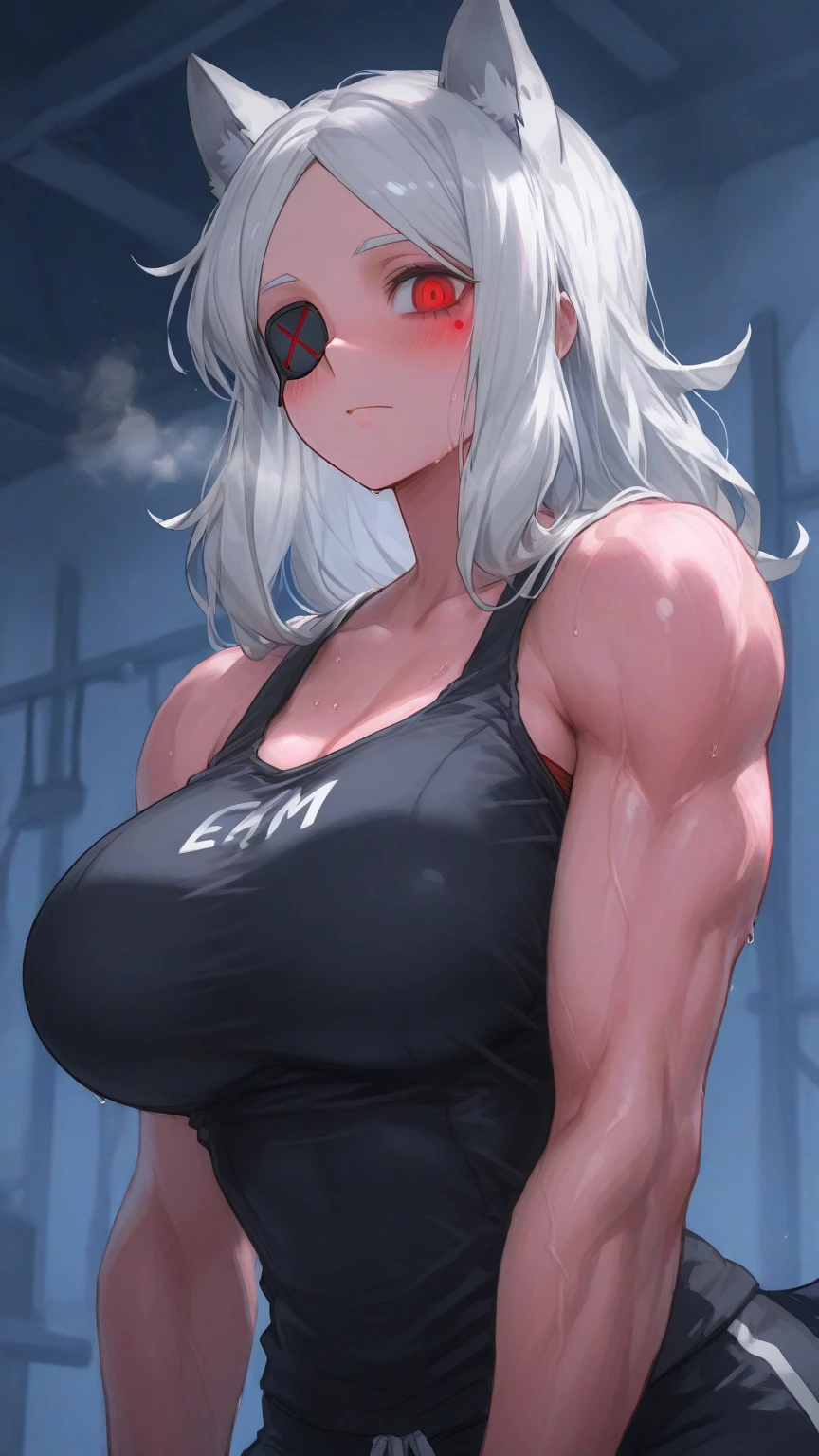 frown sad (((muscular girl toned body massive ))) yellow eyes hair between eyes pale skin sweaty