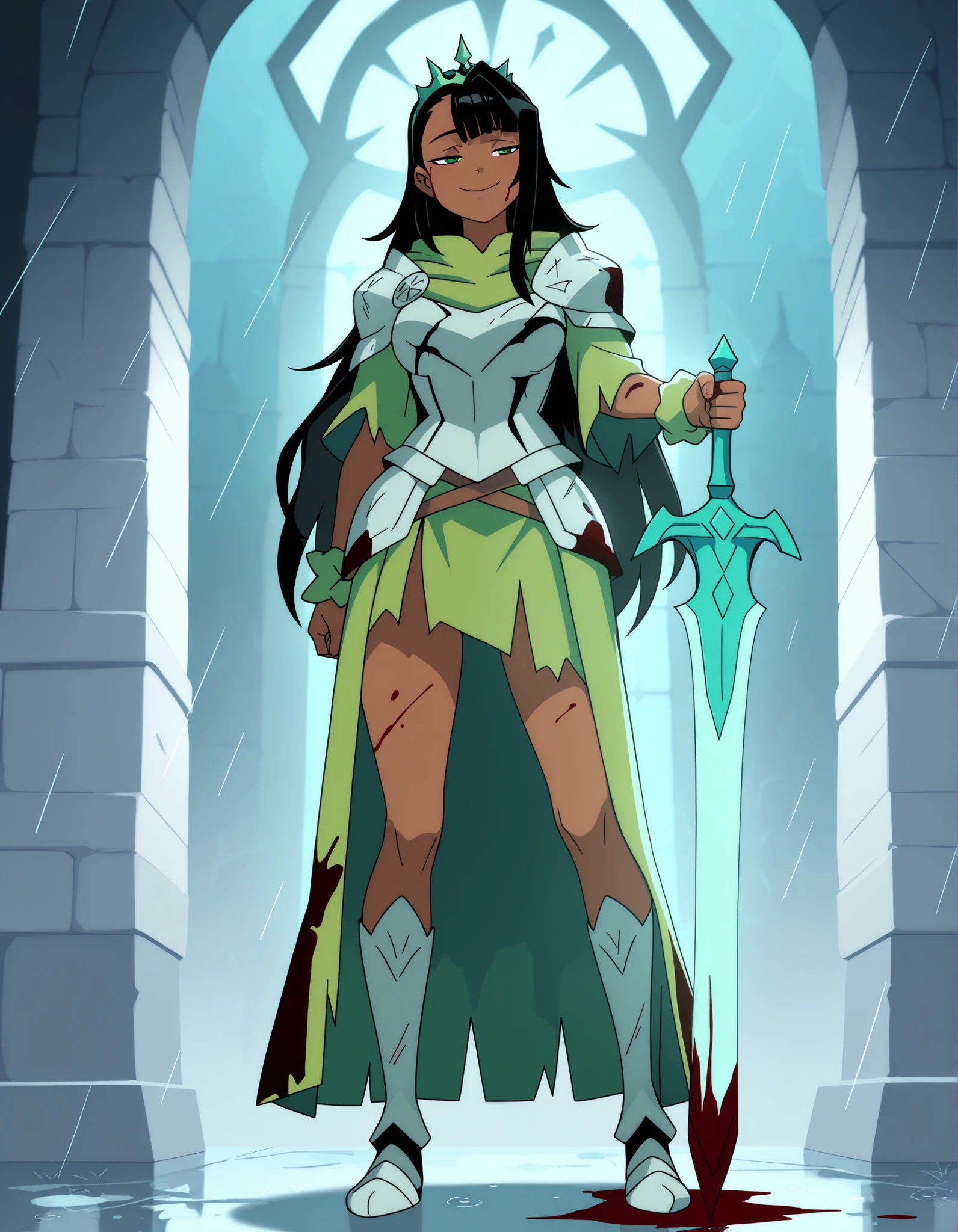 ((Highest Quality)), 1girl, Standing, solo, Full body, medium breast, thighs, smile, half-closed eyes, dark skin, Dark-skinned, Dark-skinned female, green eyes, black hair, very long hair, side bangs, single hair intake, wrist scrunchy, Green princess tiara, green tiara, princess tiara, knight robe, player, in the routines of a castle, lighting, Holding sword, thick-bladed sword, green-bladed sword, large sword, sword, swordmaster, Medieval royalty full Body armor, ( royalty full body armor), Full body, green robe, robe under armor, armor over robe, raining, night background, Blood stains, blood stains on clothes, after battle, Damaged armor, torn clothes,