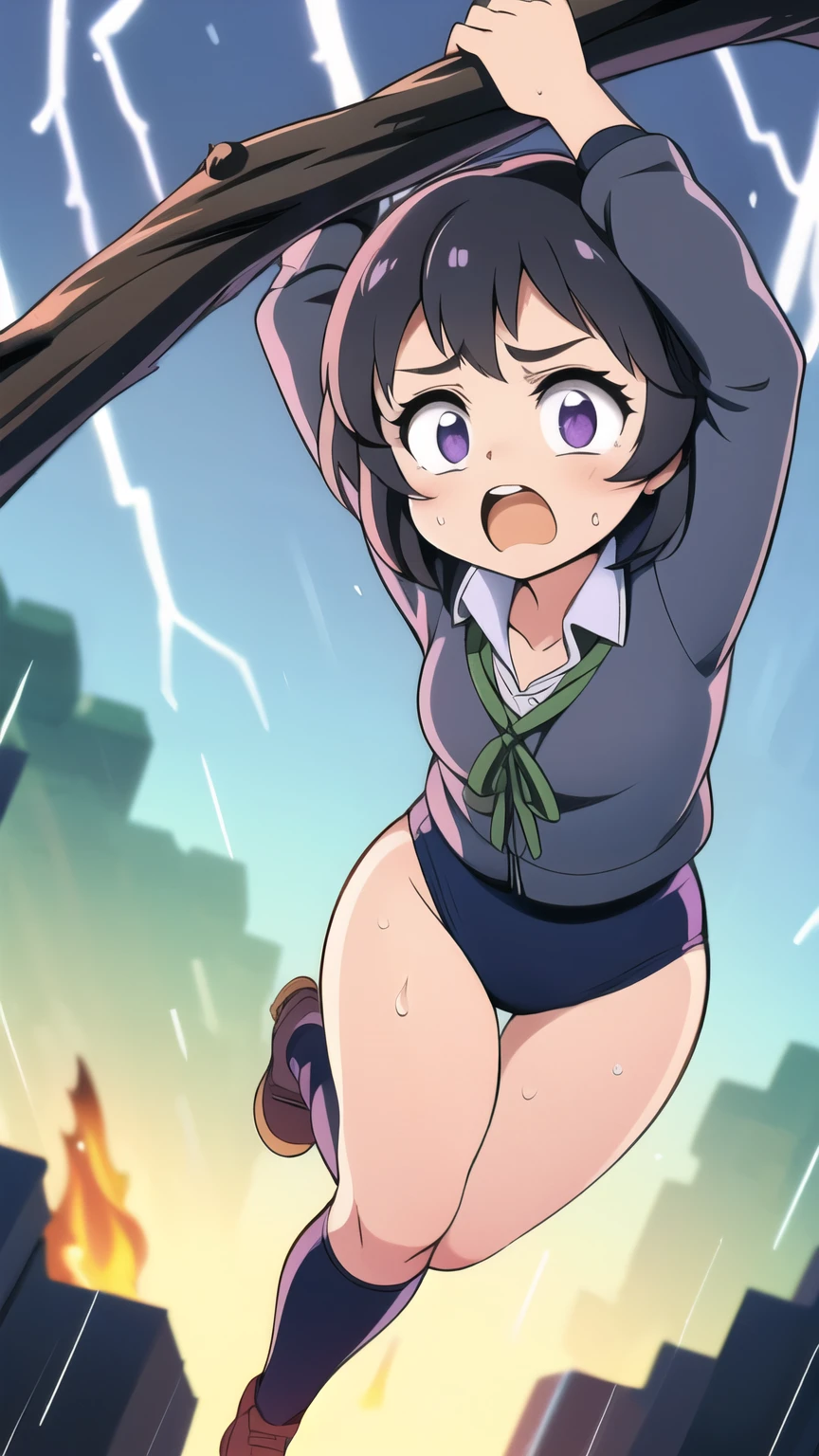masterpiece,best quality,highly detailed,1girl,solo,scared,raised eyebrows,constricted pupils,surprised,clenched teeth,sweat,sweatdrop,purple eyes,black hair,long hair,lycoris uniform,green ribbon,long sleeves,black gymnastics bloomers,high leg,self wedgie,collared shirt,kneehighs,
BREAK
(((hanging from branch in high position, arms up))),hanging from branch,holding branch,grabbing branch,close-up,outdoors,foreshortening,perspective,from above,scenery,(((fire,lave, fire storm,))),