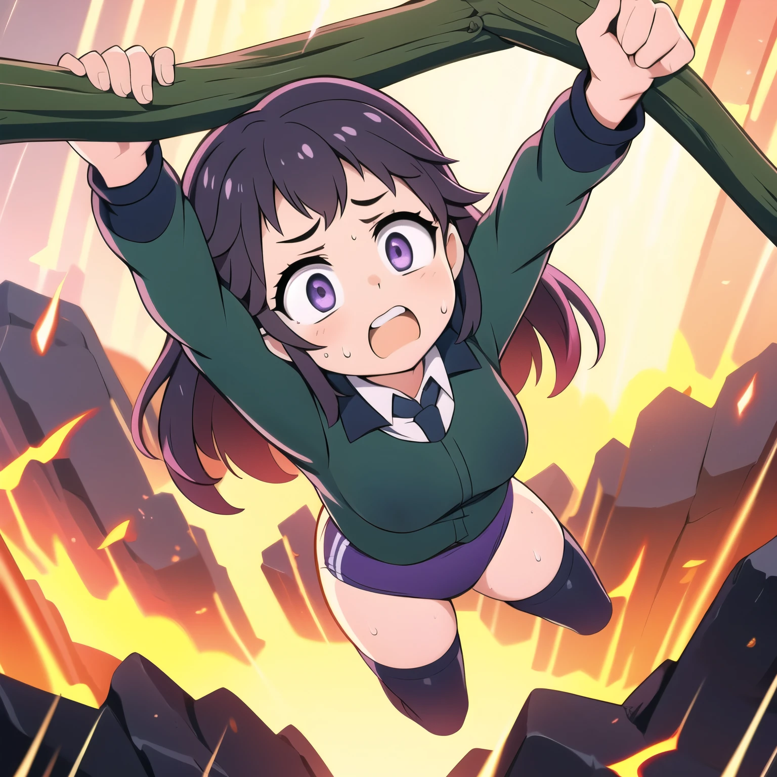 masterpiece,best quality,highly detailed,1girl,solo,scared,raised eyebrows,constricted pupils,surprised,clenched teeth,sweat,sweatdrop,purple eyes,black hair,long hair,lycoris uniform,green ribbon,long sleeves,black gymnastics bloomers,high leg,self wedgie,collared shirt,kneehighs,
BREAK
(((hanging from branch in high position, arms up))),hanging from branch,holding branch,grabbing branch,close-up,outdoors,foreshortening,perspective,from above,scenery,(((fire,lave, fire storm,))),