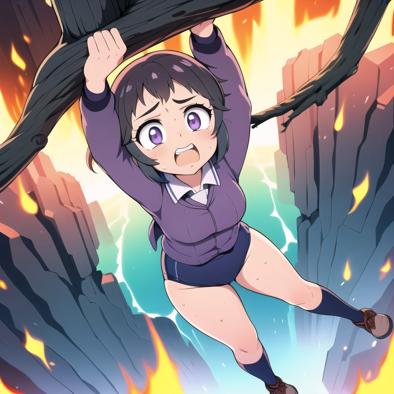 masterpiece,best quality,highly detailed,1girl,solo,scared,raised eyebrows,constricted pupils,surprised,clenched teeth,sweat,sweatdrop,purple eyes,black hair,long hair,lycoris uniform,green ribbon,long sleeves,black gymnastics bloomers,high leg,self wedgie,collared shirt,kneehighs,
BREAK
(((hanging from branch in high position, arms up))),hanging from branch,holding branch,grabbing branch,close-up,outdoors,foreshortening,perspective,from above,scenery,(((fire,lave, fire storm,))),
