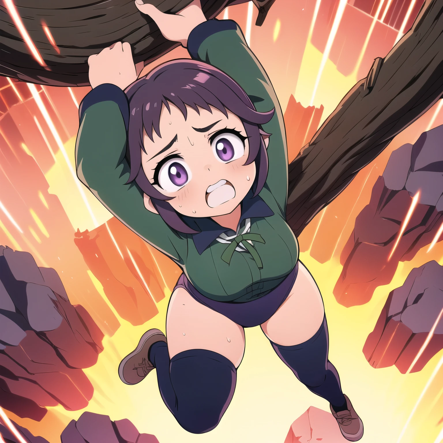 masterpiece,best quality,highly detailed,1girl,solo,scared,raised eyebrows,constricted pupils,surprised,clenched teeth,sweat,sweatdrop,purple eyes,black hair,long hair,lycoris uniform,green ribbon,long sleeves,black gymnastics bloomers,high leg,self wedgie,collared shirt,kneehighs,
BREAK
(((hanging from branch in high position, arms up))),hanging from branch,holding branch,grabbing branch,close-up,outdoors,foreshortening,perspective,from above,scenery,(((fire,lave, fire storm,))),