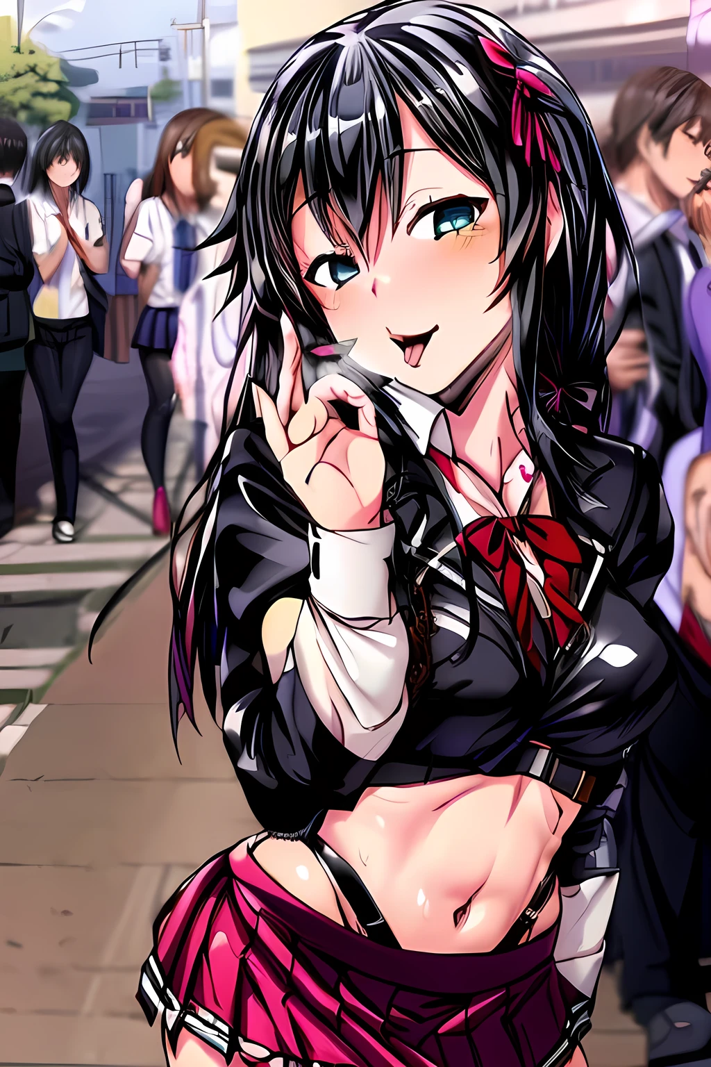 <lora:felges1-000024:1>,open mouth,evil smile,By bad artist ,juliet starling,colored inner hair,,pleated_skirt,yukinoshita_yukino, long_hair, black_hair, red_ribbon,blue eyes,((sobu high school uniform)),((masterpiece))), ((best quality)), (ultra-detailed), ((an extremely delicate and beautiful)),(unity 8k wallpaper),street,