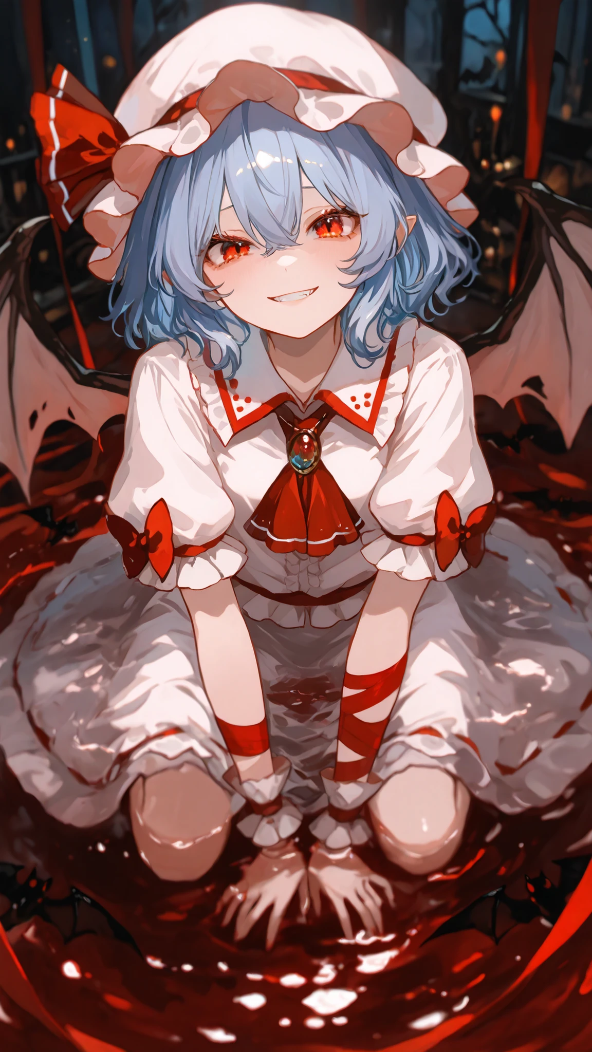 Remilia _scarlet_touhou red_eye, short_My hair, bat_wing, wing, ribbon, has, Blue_My hair, Pain_cap, My hair_between_eye, has_ribbon, Bang, smile, red_ribbon、full body、