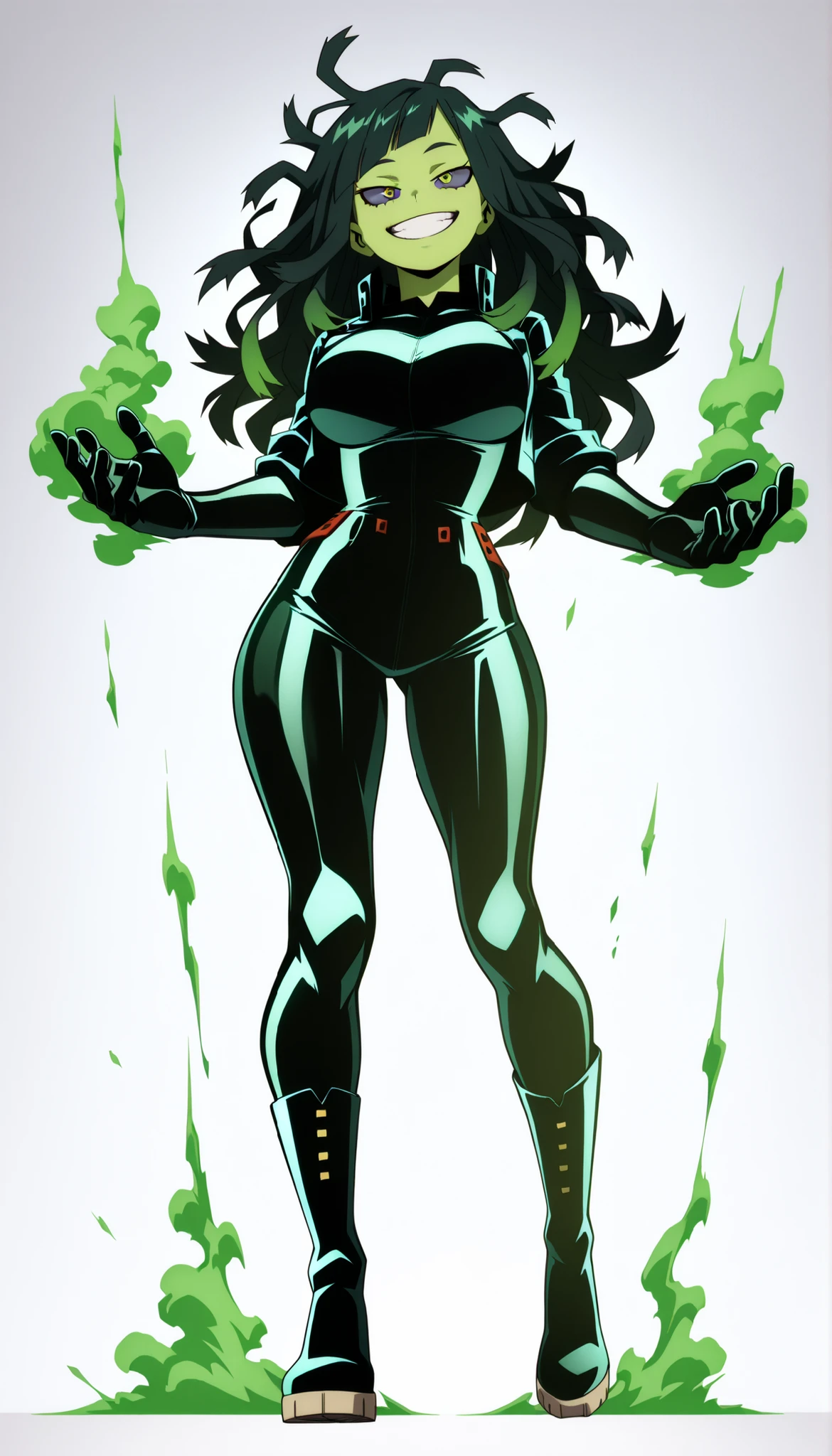 ((Highest Quality)), ((Simple Light Grey Background)), (My Hero Academia Style), standing, 1female, female, large Breast, Medium thighs, medium hips, thick shins, solo, Athletic body, slim body, slender body, standing, (Full Body), Open Black cropped leather jacket, Open cropped leather jacket, Open Black cropped jacket, tight Black latex bodysuit, tight Black bodysuit, tight latex bodysuit, jacket over bodysuit, bodysuit under jacket, tight Black long Elbow-length latex gloves, tight long Elbow-length latex gloves, tight Black Long Elbow-length gloves, gloves over sleeves, sleeves over gloves, tight very long Black Thigh-high leather boots, tight very long Thigh-high leather boots, tight Black very long Thigh-high boots, green eyes, long hair, blunt hair tips, curly curved hair, curved bangs, Green hair, messy hair, Green smoke screen effect, green smoke screen, smoke screen effect, green effect, Green Skin, Green-skinned, Green-skinned female, evil grin, evil look, (purple sclera), monster_form, smoke_monster, smoke_form, Levitating,
