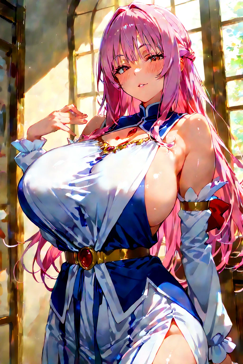 squallmeusel, <lora:squall meusel s2-lora-nochekaiser:1>,
squall meusel, long hair, blonde hair, (red eyes:1.3), pink hair, multicolored hair, mole, mole under eye,
BREAK gloves, dress, cleavage, jewelry, choker, black gloves, belt, breasts apart, center opening, red dress,
BREAK indoors,
BREAK looking at viewer, (cowboy shot:1.5),
BREAK <lyco:GoodHands-beta2:1>, (masterpiece:1.2), best quality, high resolution, unity 8k wallpaper, (illustration:0.8), (beautiful detailed eyes:1.6), extremely detailed face, perfect lighting, extremely detailed CG, (perfect hands, perfect anatomy),