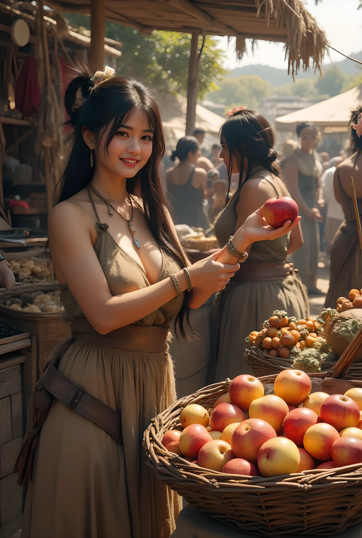 Safe Image Work,
((Realistic ultra wide intricately angle of crowdy folk people on the landscape background)),lots of goods,during prehistoric age era,she is wearing simple folk traditional primitive fur fabric long tunic dress,shopping,a female primitive tribe peasant folk buying an apple in the lively and crowdy primitive hut market on the background,,(perfectly busty fully body|cinematic dynamically environmental wide camera angle scenery:accurately depicted:1.3),the lively primitive market depicting scenery,, realistically full depth,(cinematography dynamic angle|hyperrealistic:realistic scenery:3d texture over the scenery),,summer season,(cinematography vibe),,(dynamic image composition),(octane 3d rendering|50mm lens shot:1.3),(lifelike skin texture:lifelike hair),(best rule of third photography composition),(best image aperture),(full details depth of field),(best shutter speed),(RAW photo image),(photorealistic|photorealism:hyperrealism style),(realistic depth 3d:cgi:1.3),(trending on cgsociety:devianart:unreal engine 5),(best photography:national Geographic style),sandalpunkAi artwork, digital art,best lighting concept,realistic fixed human anatomy body and hands anatomy, inspired by farcry5 game artwork.