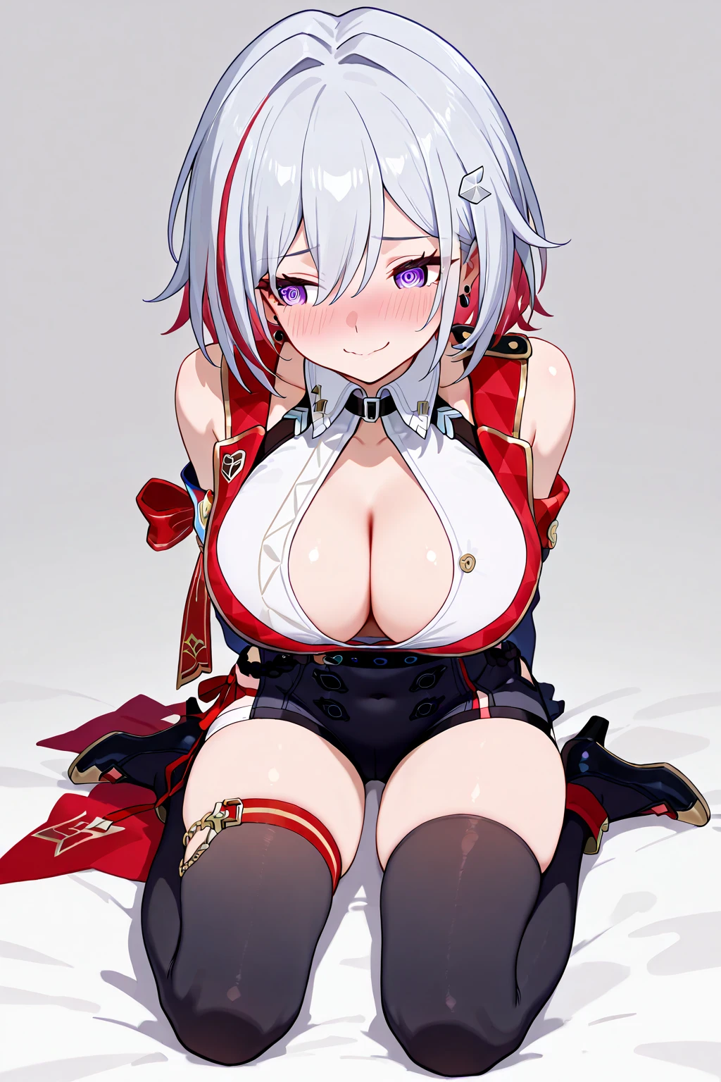 (masterpiece:1.3),(highly detailed:1.3),(highres:1.1),best quality,Ultra-detail,1girl,solo,jelotopaz,huge breasts,nipples,hands on own chest,hair ornament,black jacket,cleavage,detached sleeves,black elbow gloves,belt,smile,embarrassed, blush,<lora:topaz_hsr:0.8>,