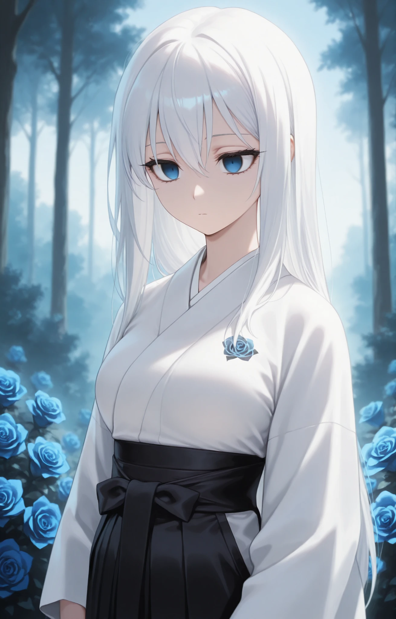 masterpiece, best quality, newest, safe, good anatomy, good resolution, good lighting. beautiful, anime, . long white hair. sky blue eyes , empty stare. black eyelashes, piel clara, slim build, Medium Breasts Size C. She is 23 years old , measures 1'66 cm. looking at the spectator, Alone, Simple background, flores: Intense Blue Roses, forest. wearing clothes: white kimono and black hakama.