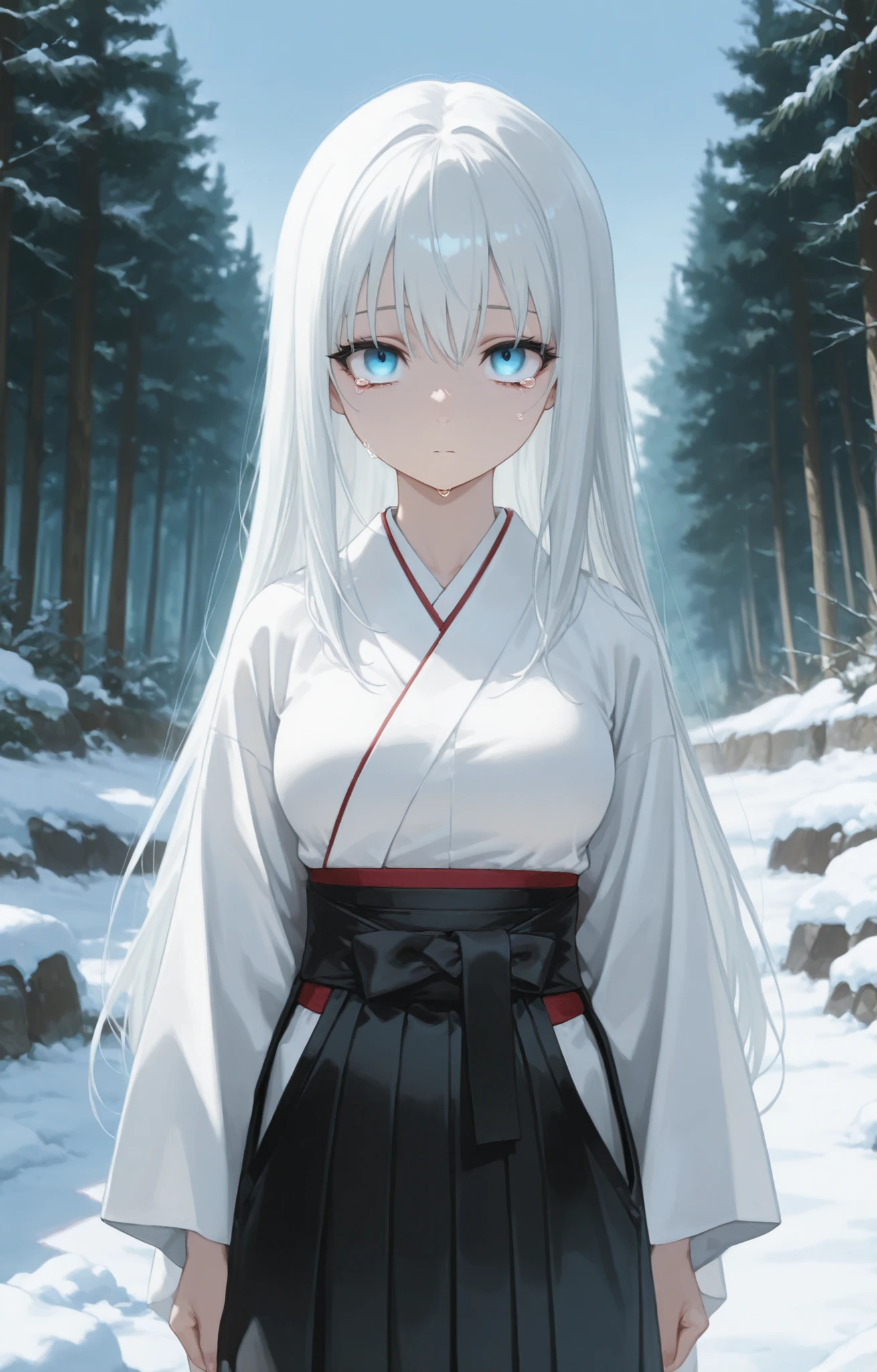 Masterpiece, Best Quality, Newest, Safe, Good Anatomy, Good Resolution, Good Lighting. Beautiful, Anime, Normal. Long White Hair. Sky Blue Eyes, Frowning, Empty Stare, Tears. Black Eyelashes, Light Skin, Slim Build, Medium Breasts Size C. She is 23 years old, 1'66 cm tall. Looking at the viewer, Alone, Background: Forest. Wearing clothes: White Kimono and Black Hakama. Ice and Snow Magic.