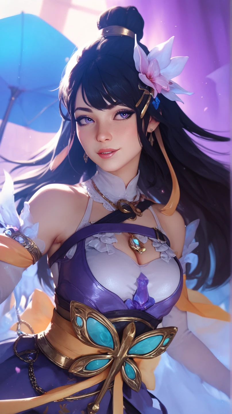 (purple phantylia),
1girl,milf,mature female,phantylia, long_hair,giantess,steaming body,parted bangs, large_breasts, forehead_mark,black hair,blue eyes,blue skin,colored skin,hair ornament,lipstick, bead necklace,detached sleeves,facial mark,jewelry,makeup, purple dress,
(masterpiece, best quality, ultra-detailed), (beautiful detailed face, beautiful detailed eyes, volumetric lighting),
(beautiful detailed background:1.2), (light particles, lens flare, chromatic aberration:1.3),