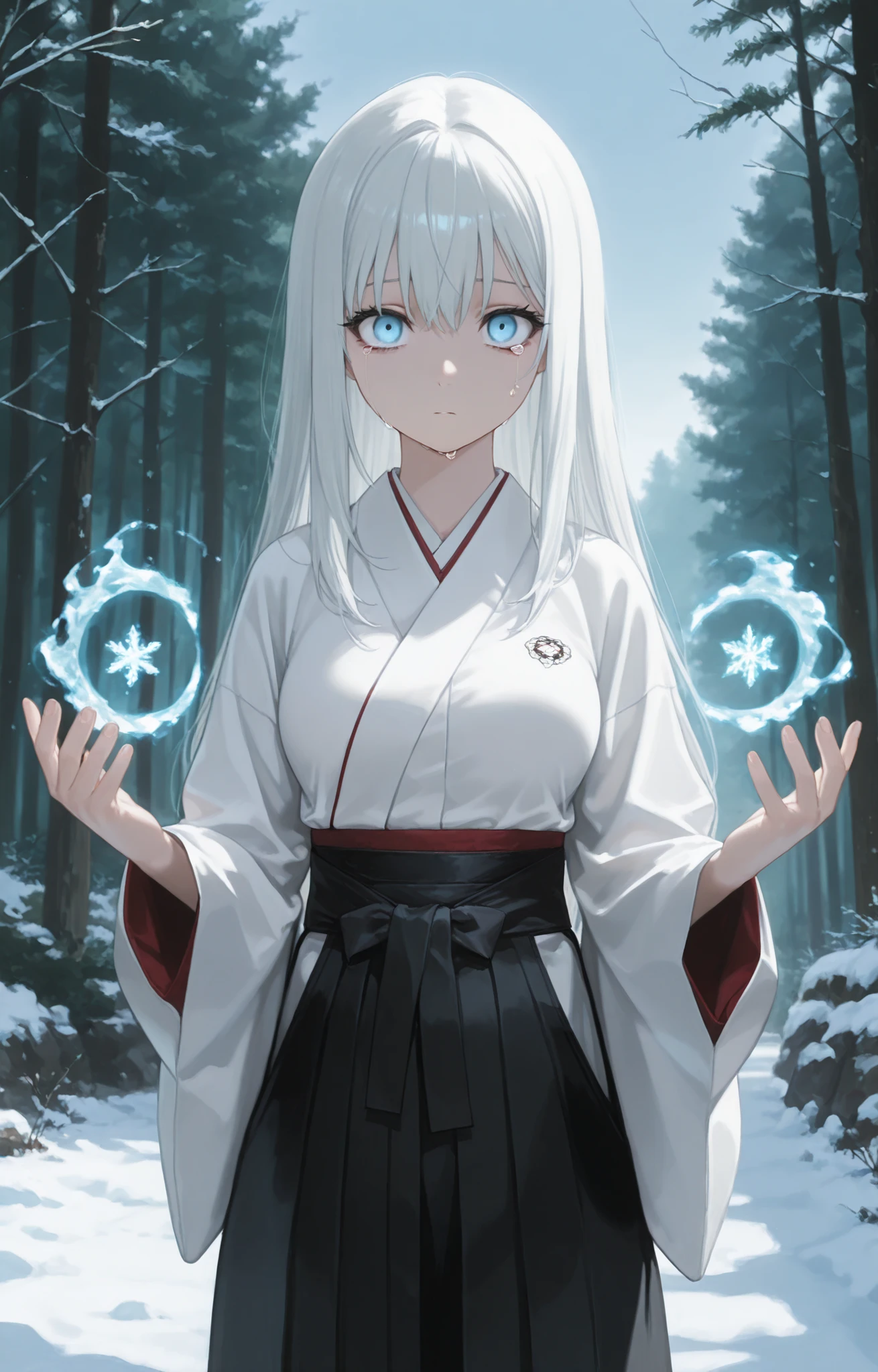 Masterpiece, Best Quality, Newest, Safe, Good Anatomy, Good Resolution, Good Lighting. Beautiful, Anime, Normal. Long White Hair. Sky Blue Eyes, Frowning, Empty Stare, Tears. Black Eyelashes, Light Skin, Slim Build, Medium Breasts Size C. She is 23 years old, 1'66 cm tall. Looking at the viewer, Alone, Background: Forest. Wearing clothes: White Kimono and Black Hakama. Ice and Snow Magic.
