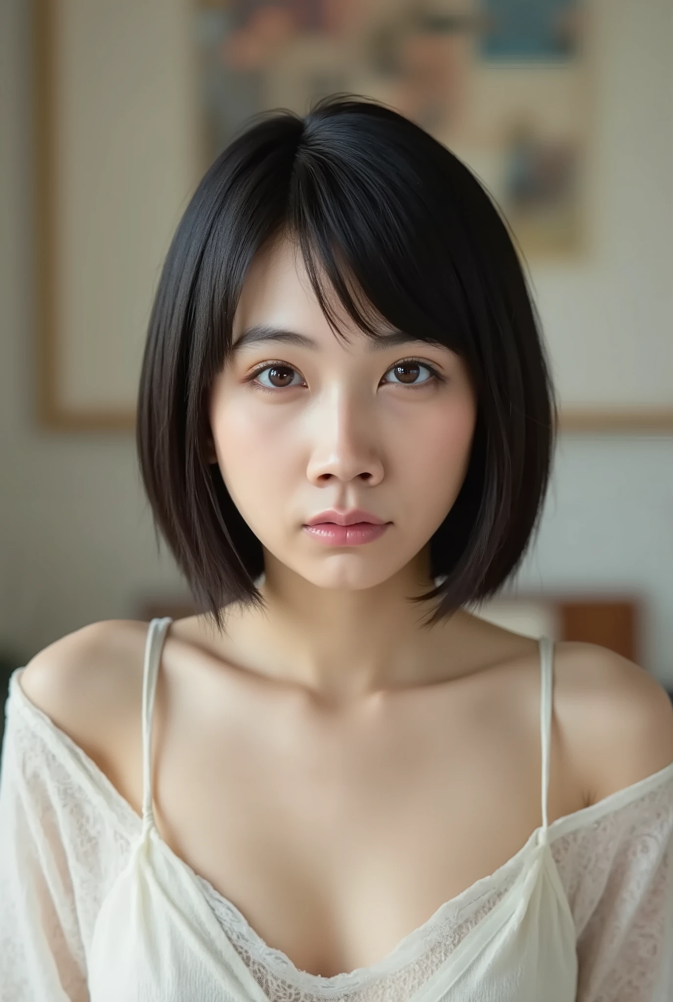 (( premium quality, 8k )), ((masterpiece)), ( details), 、dark hair, Japanese girls, first-person view ,One Woman, a plump woman, petite woman , sexy,( full nude, in the bedroom),((( very big breasts, full nude, Beautiful Breasts, short bob hair , dark hair))), ((dark hair )) , (( No decoration, Without any accessories, full nude, without makeup))