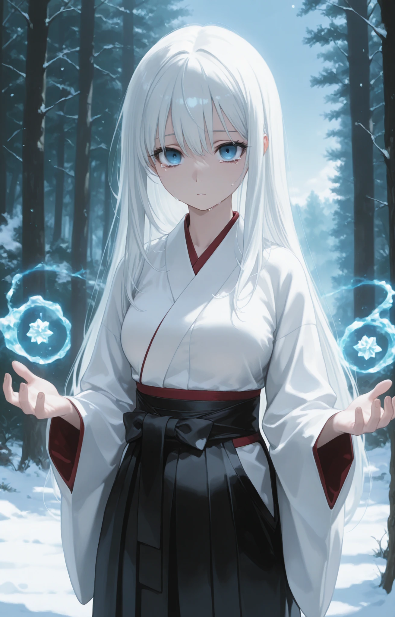 Masterpiece, Best Quality, Newest, Safe, Good Anatomy, Good Resolution, Good Lighting. Beautiful, Anime, Normal. Long White Hair. Sky Blue Eyes, Frowning, Empty Stare, Tears. Black Eyelashes, Light Skin, Slim Build, Medium Breasts Size C. She is 23 years old, 1'66 cm tall. Looking at the viewer, Alone, Background: Forest. Wearing clothes: White Kimono and Black Hakama. Ice and Snow Magic.