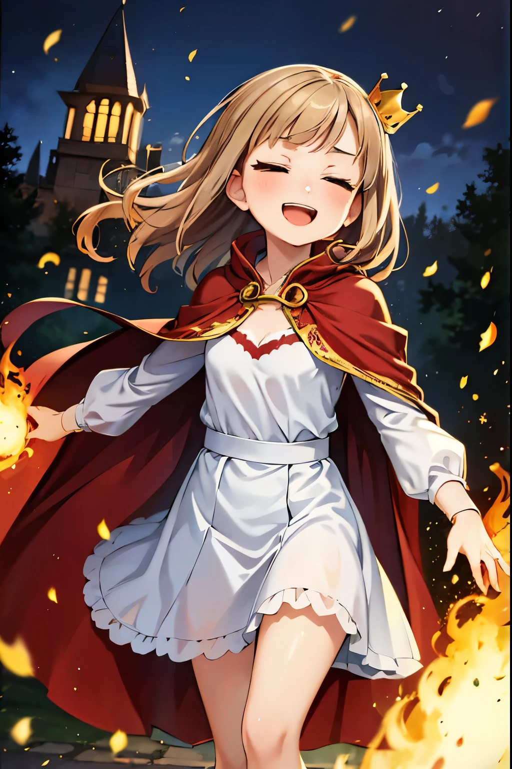 A princess laughs as she runs from her burning castle, her cloak torn and a broken crown falling behind her.