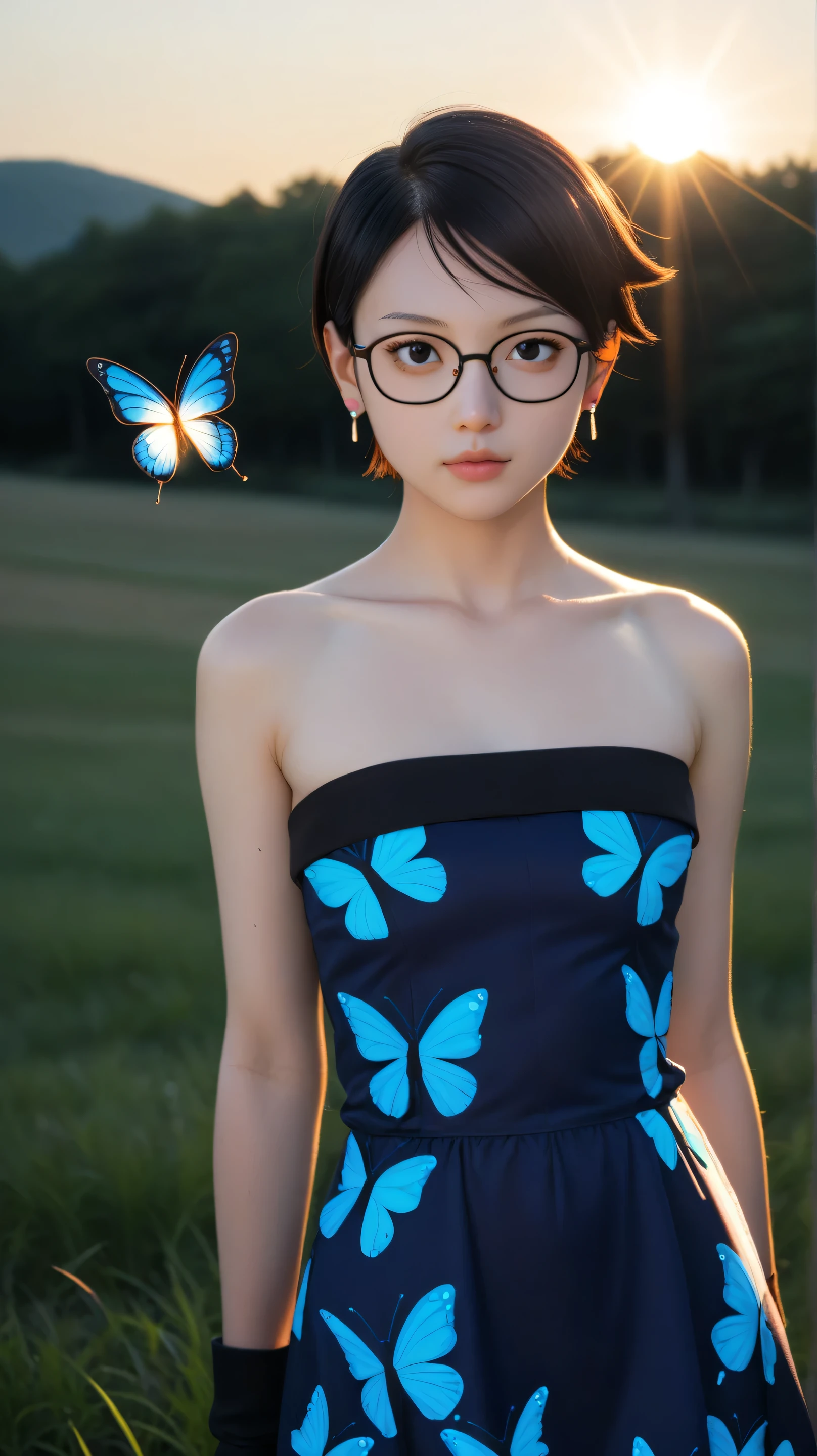 1girl, solo,sarada uchiha,black eyes,black hair,buzz-cut hair,outdoors,potrait,small breast,nature,tall grass background,standing on grass field,wear glasses,(sunset lighting:1.5),earings,(dark nights:1.5),,looking at viwer,close up, front view, black glove,(wear butterfly dress:1.5),close up