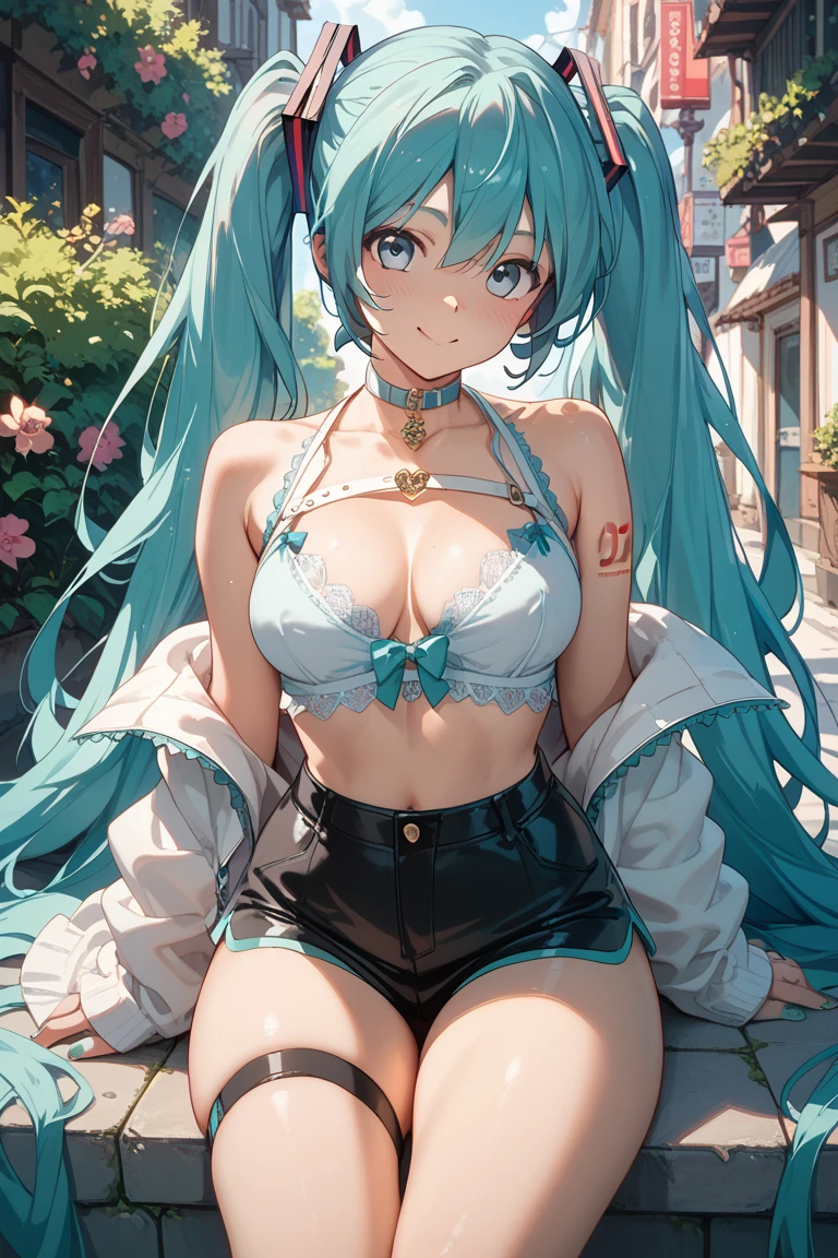 masterpiece, best quality, 1girl, Sona \(league of legends\), blue hair, blue eyes, gradient hair, collarbone, twintails, hair ornament, long hair, city, street, (casual clothes)