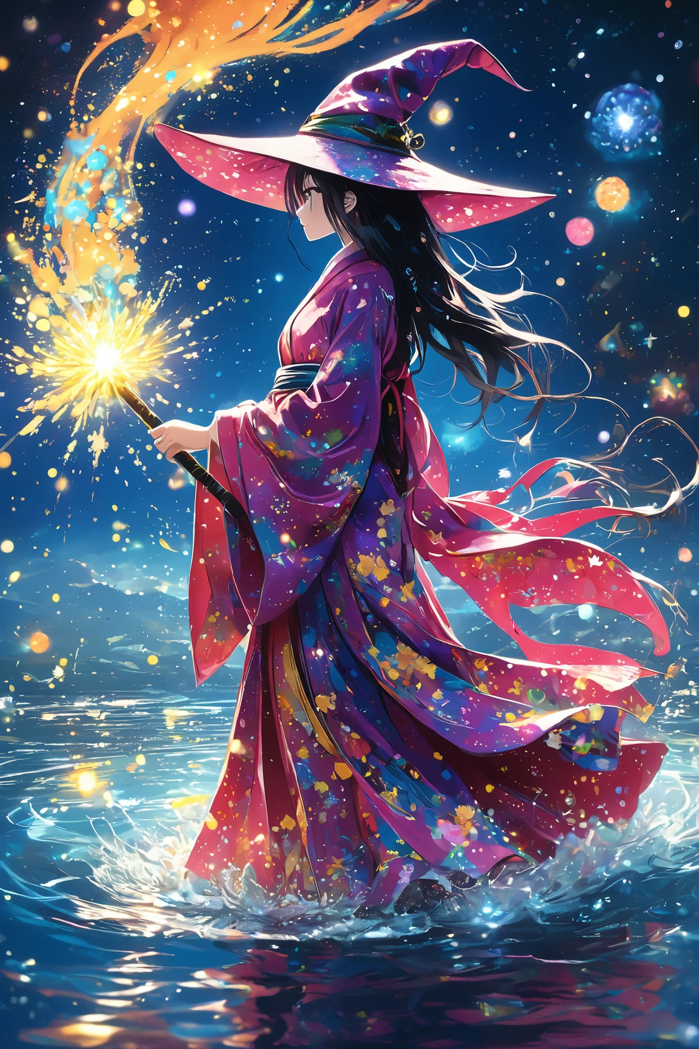 anime、colorful、Under the Milky Way、where the starry sky is reflected on the surface of the river、The witch wearing a chrysanthemum-patterned yukata、stands with a magical broom floating on the surface of the water。When she casts a spell、stardust rises from the surface of the water like a dragon、Rise in the night sky。the scene is magnificent and full of mystery。