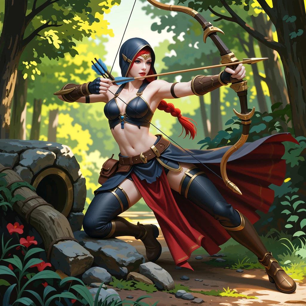 comic Cinematic scene, hero view, d4r rogue <lora:diablo_4_rogue_v0.0.3:1>, action pose, nature, detailed background, masterpiece, best quality, high quality, absurdres . graphic illustration, comic art, graphic novel art, vibrant, highly detailed