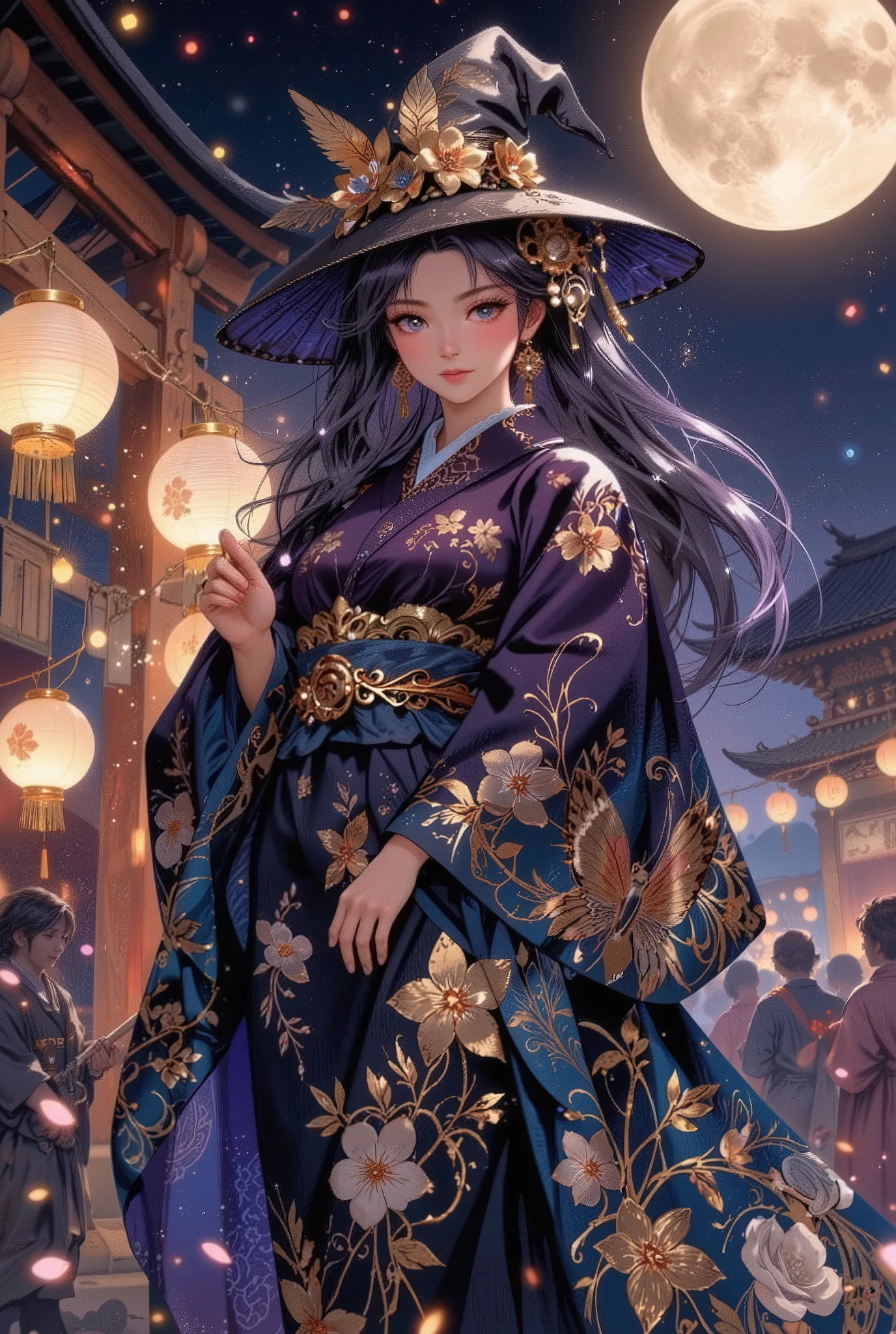 masterpiece, Super Detailed, 8k, Highest Quality, beautiful witch in a dark purple floral yukata with golden fireflies, Intricate Traditional Design Flowing Bathrobe Fabric, magic symbol on the blue obi in the night sky, Long Black Hair with Magical Flowing Purple Highlights, witch hat decorated with paper lanterns and amulet tags, casting spells with glowing magic circles, fireflies dancing around her, traditional Japanese summer festival background, Silhouette of a torii gate, glowing lanterns floating in the air, magical brilliance and fantastic smoke, Moonlight Night View, Cherry Blossom Petals Dancing in the Wind, Detailed Fabric Patterns, Perfect Lighting Effects, Mysterious Atmosphere