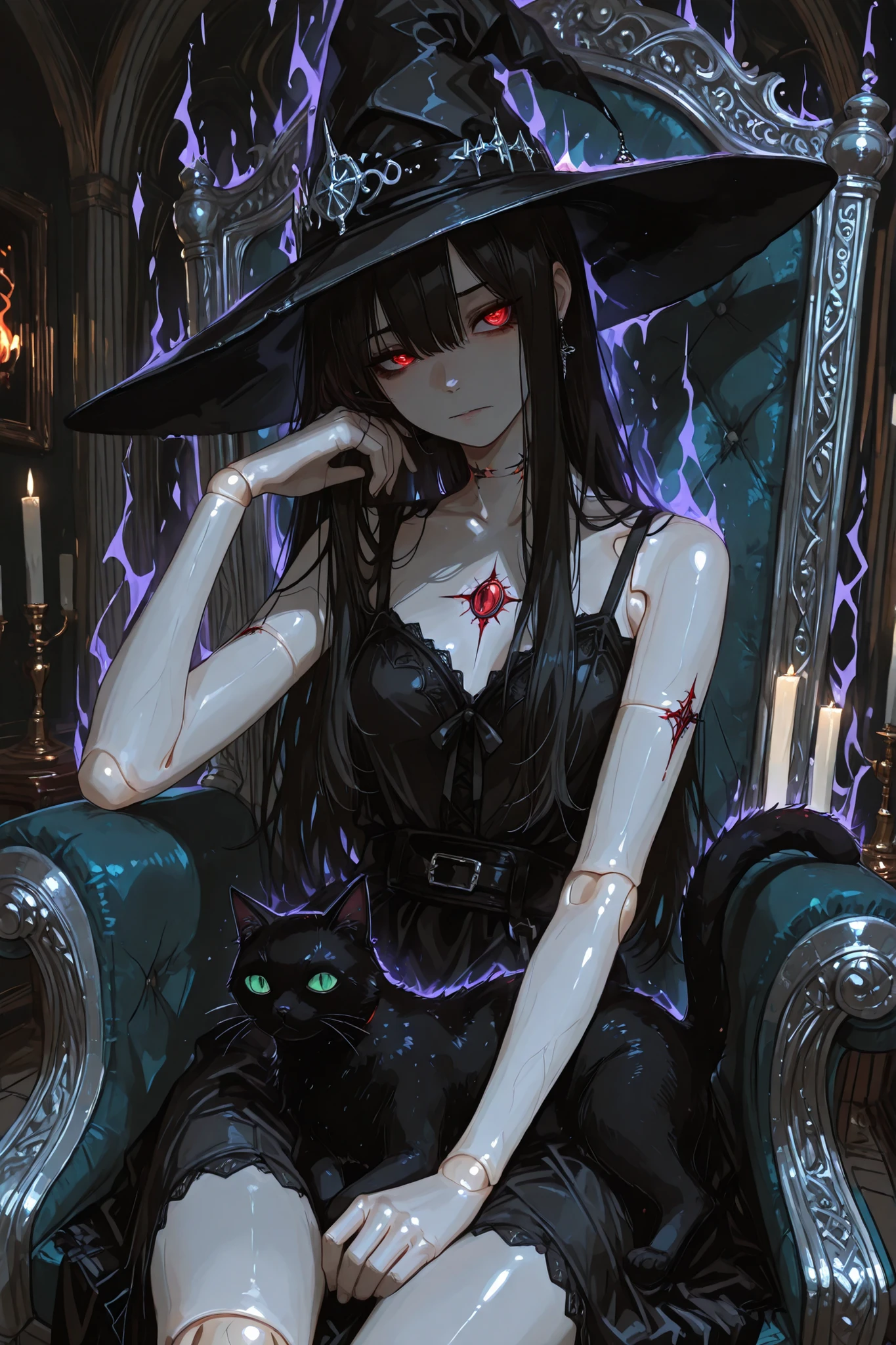 A gothic fantasy illustration . in the center of a dimly lit hall , a beautiful (Ball Joint Doll ) The witch sat on a huge , An ornate throne adorned with obsidian and silver . She wore a simple witch hat , staring blankly ahead , Glassy Eyes. On her knees , A haughty black cat sat , ((( emanating darkness , An eerie aura emanated from her ))). ( The ball joints on her arms and neck were clearly visible). high quality, Dramatic Light, Solemn Atmosphere.
