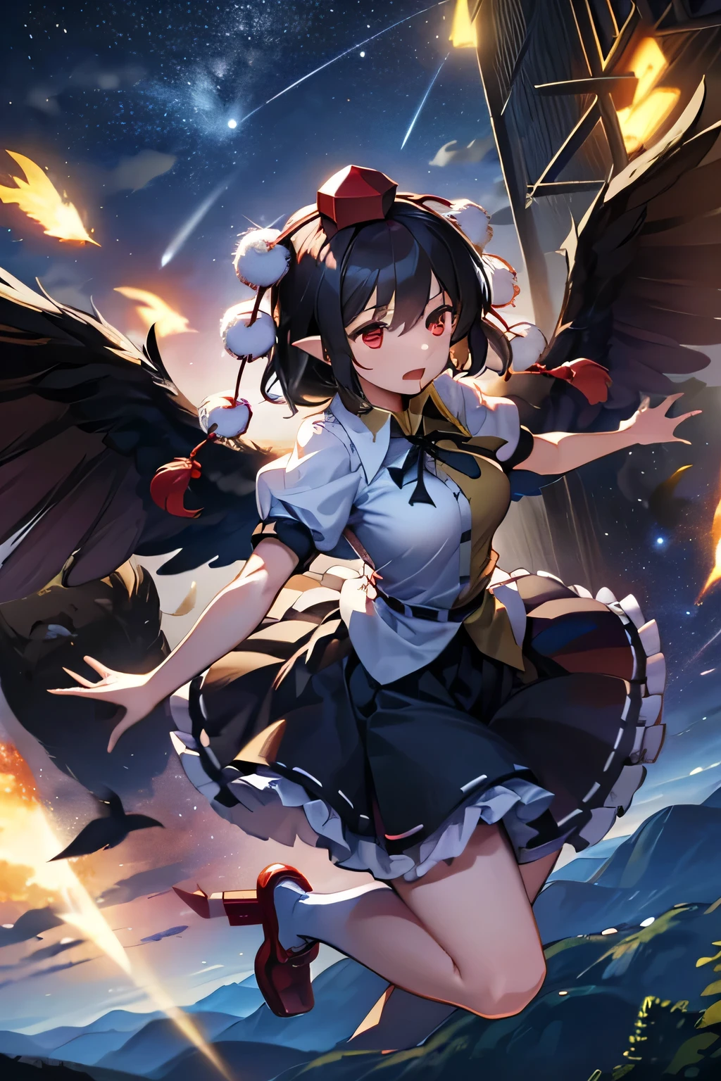 Aya Shameimaru(touhou) Karasutengu Dusk Take the night past midnight
Flying through the night sky
The wind Dredging the ground, rolling through Nobe to his mountain
If there is a laughing gate, double return
With wings that bear disaster on their black backs and confuse with the darkness
Shameimaru Aya flaps her wings in the night sky