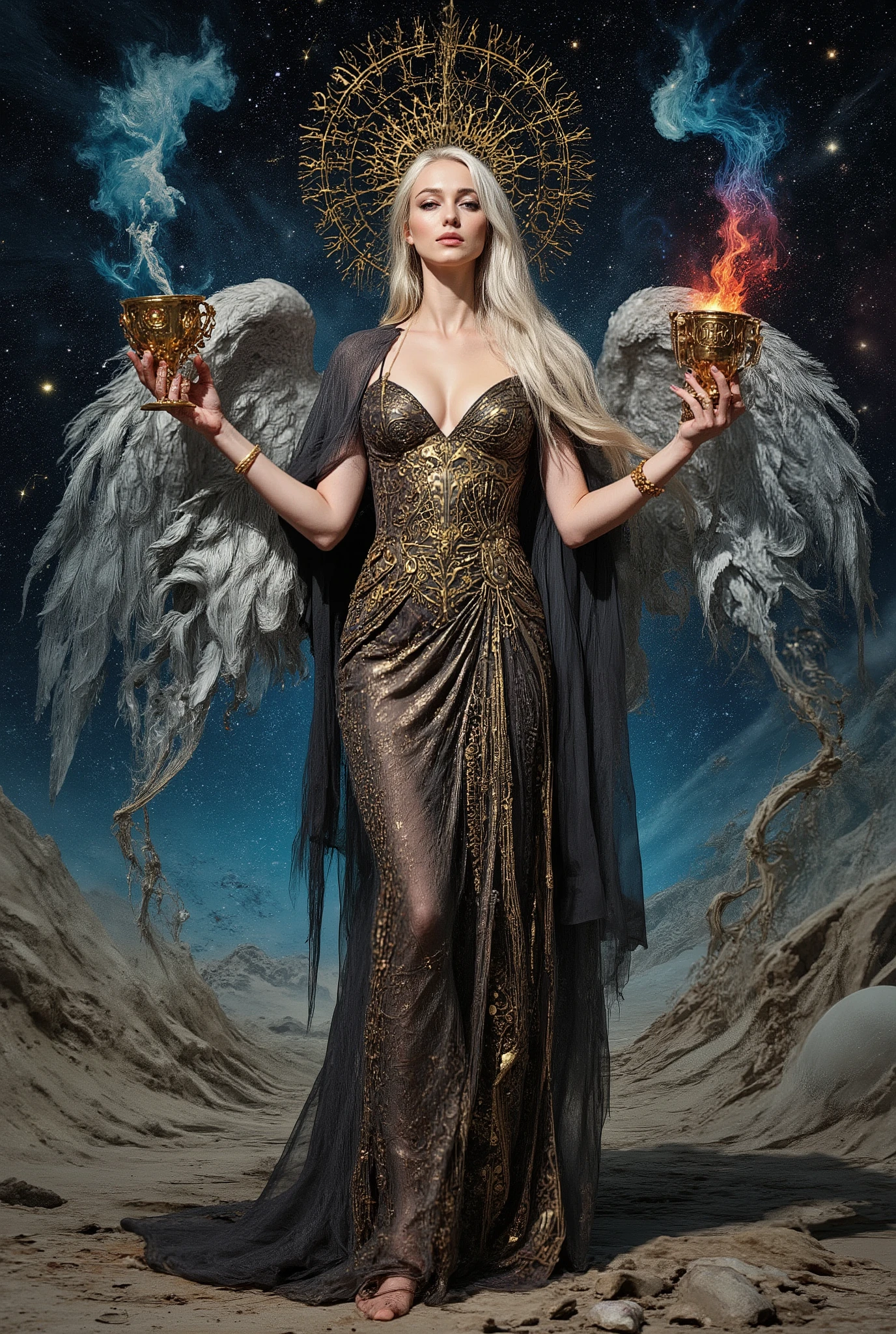 Done with art nouveau art mosaic style. An alluring, luminescent goddess with a slender yet shapely physique, adorned in a diaphanous, intricately embroidered black toga with sacred equations and esoteric symbols woven in shimmering gold and silver thread, her diaphanous gown draping elegantly across her shoulders, stands tall amidst a breathtaking, star-studded celestial expanse, with majestic feathery silver wings unfolding from her back like a shimmering aurora. Her seraphic visage is crowned with wild, windswept white blonde hair, and a smoldering violet gaze greets the viewer, as she cradles two ornate golden goblets adorned with cryptic runes, one containing a fiery, swirling black and red inferno, the other a soft, ethereal white and blue luminescence. The goblets' energies merge via a dynamic, pulsating blue and red stream in above her. As a gleaming gold triangle pendant suspended from her neck points upwards like a beacon, it radiates an otherworldly aura. Behind her, a titanic, cosmic maelstrom churns, as the universe itself bends to her will, with glimmering phantasmagoria and nebulae wisps swirling around her, in a photorealistic style blending the dark, mystical elements of Gerald Brom's Gothic fantasy art, the vibrant, fantastical depth of Noah Bradley's dreamscapes, and the visionary, ethereal aesthetic of Andrew Gonzalez's cosmic landscapes, with meticulous attention to intricate details, believable texture, and atmosphere.