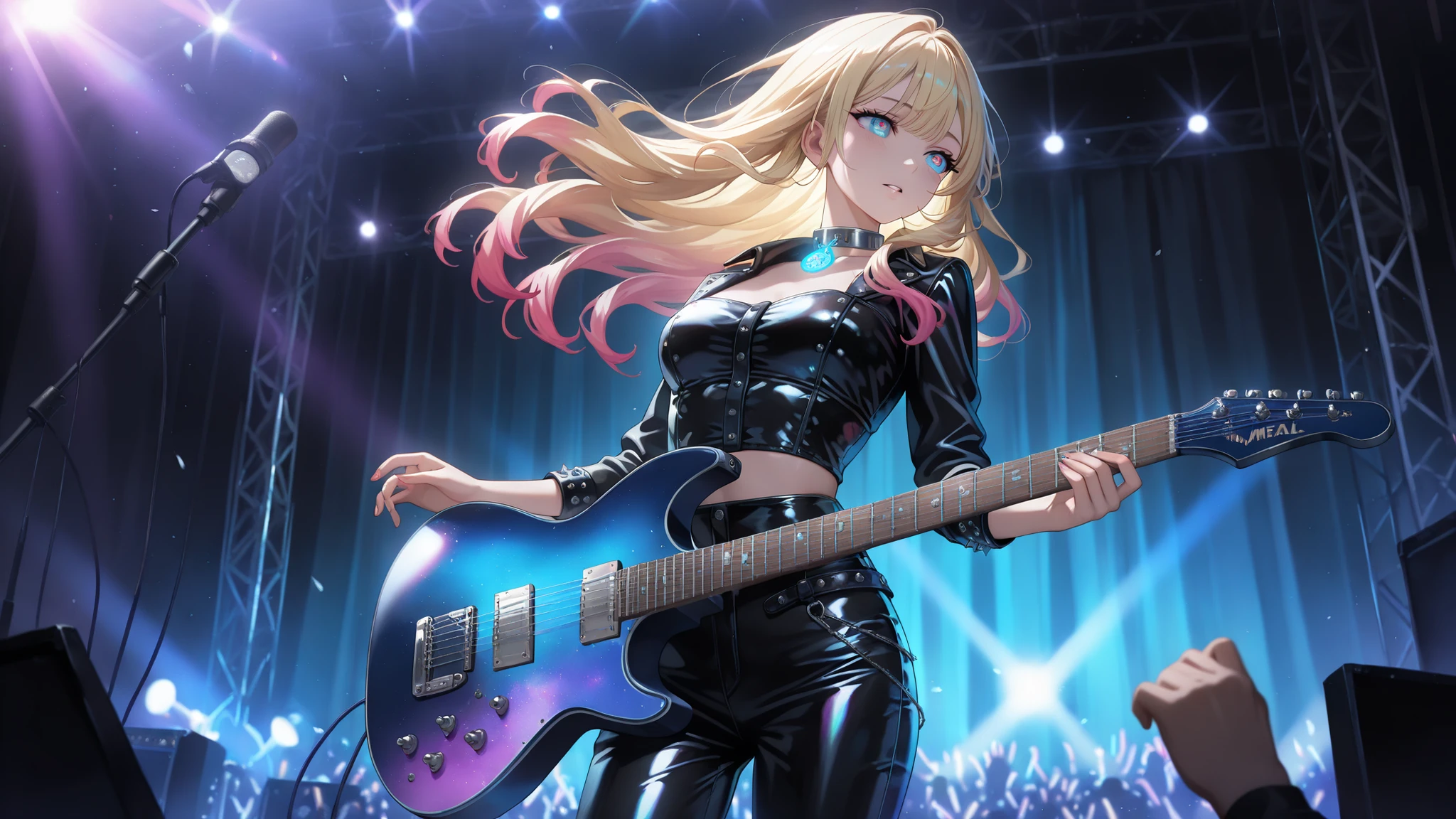  , very detailed depiction, perfect quality, High Quality, masterpiece, blonde hair, multicolored hair, long  hair,  blue eyes, , handsome woman , fashionista girl , punk woman, (full detailed black leather outfit , metal collar , choker , bow , leather pant) , vibrant colors , , extremely detailed eyes and face , long eyelashes , vivid colors , professional , ultra-detailed , studio lighting , bright colors , concert , large stage , young woman playing guitar , rock and metal music , trusty guitar , energetic performance , passionate expression , ethereal atmosphere , powerful guitar solos , electric guitar , energetic movement , magical glow , intricate details , volumetric lighting , iridescent colors , glowing lighting , atmospheric lighting , lens flare , Cinematic light , colorful light 