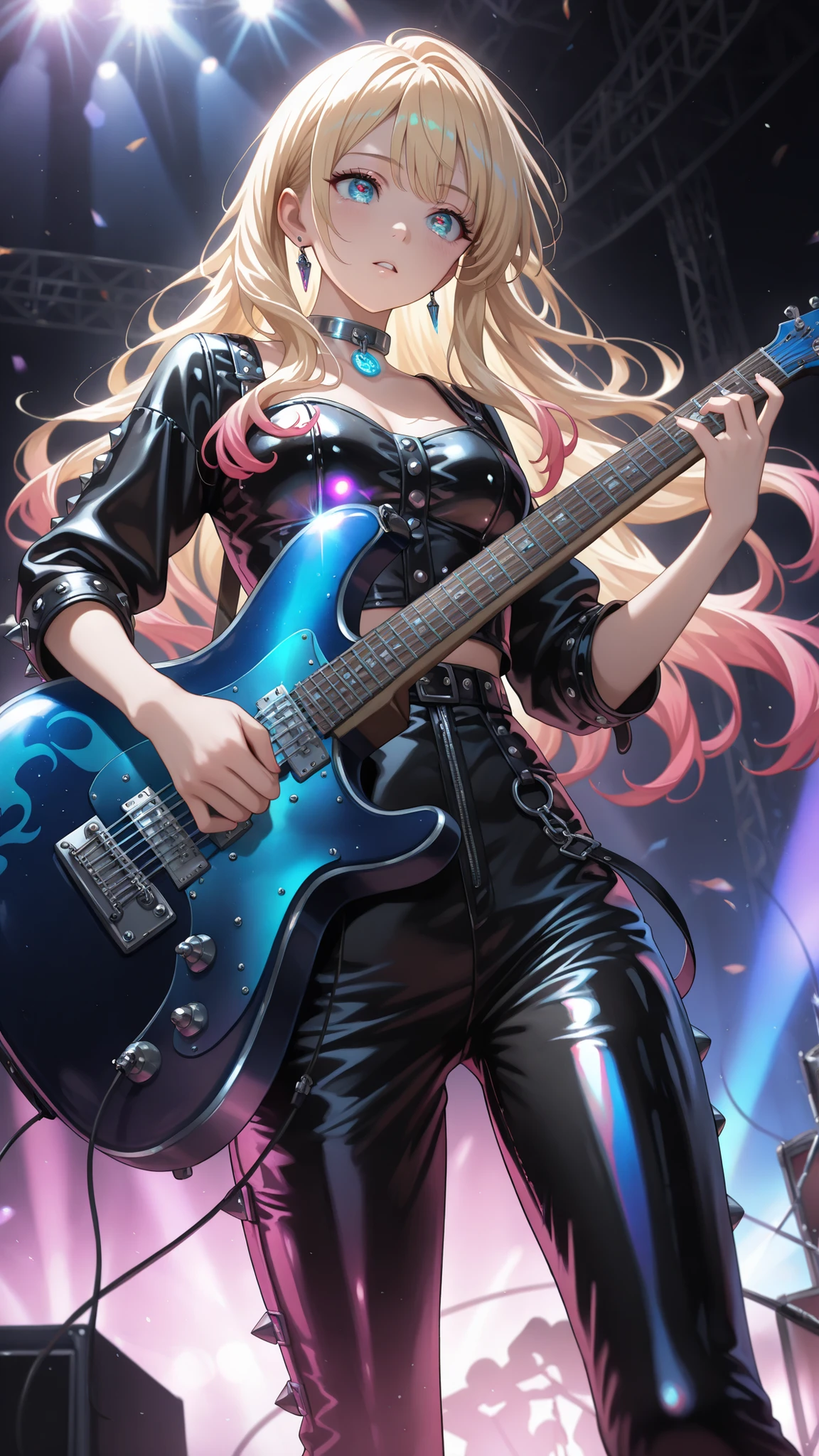  , very detailed depiction, perfect quality, High Quality, masterpiece, blonde hair, multicolored hair, long  hair,  blue eyes, , handsome woman , fashionista girl , punk woman, (full detailed black leather outfit , metal collar , choker , bow , leather pant) , vibrant colors  , extremely detailed eyes and face , long eyelashes , vivid colors , professional , ultra-detailed , studio lighting , bright colors , concert , large stage , young woman playing guitar , rock and metal music , trusty guitar , energetic performance , passionate expression , ethereal atmosphere , powerful guitar solos , electric guitar , energetic movement , magical glow , intricate details , volumetric lighting , iridescent colors , glowing lighting , atmospheric lighting , lens flare , Cinematic light , colorful light 