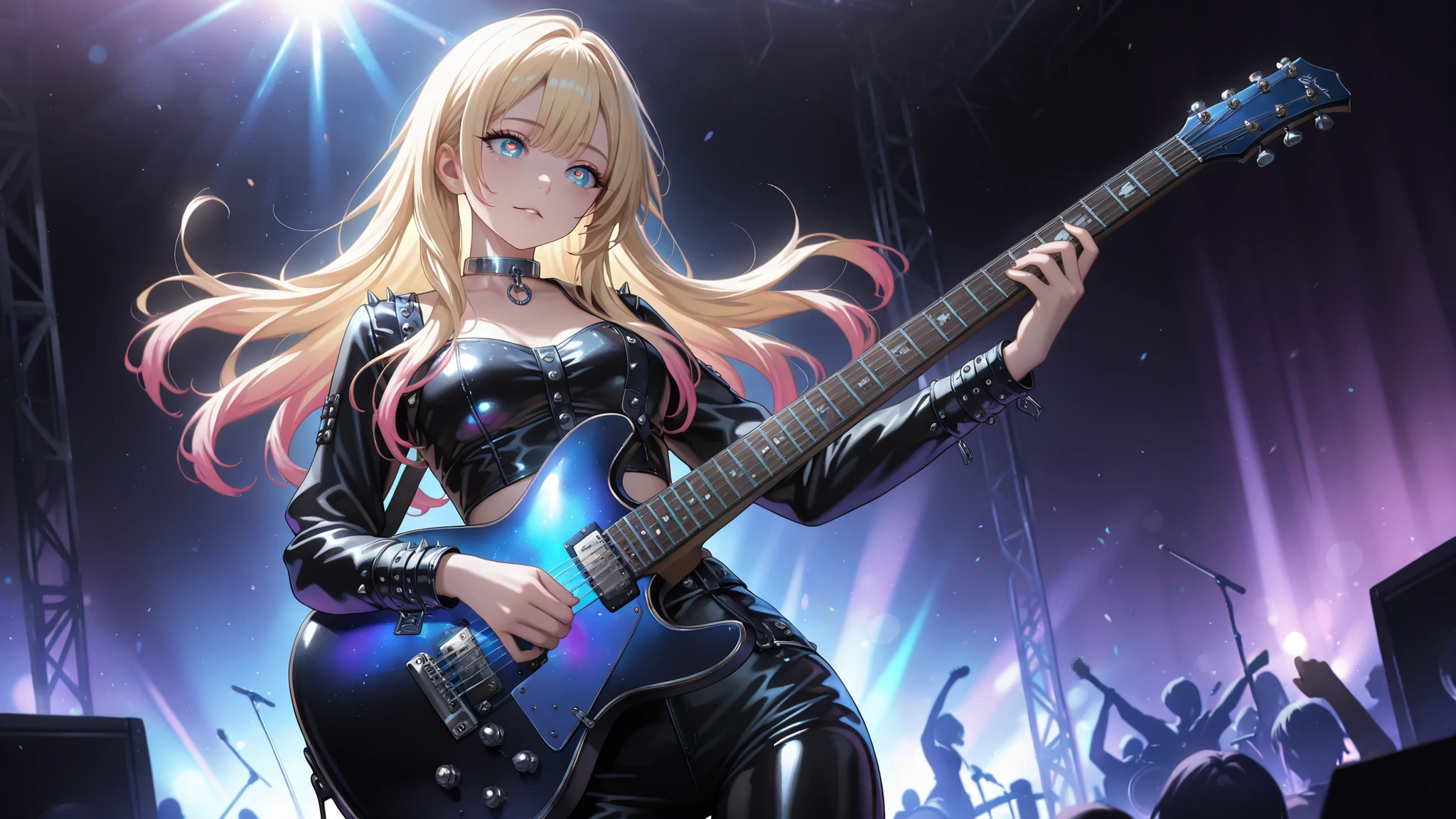  , very detailed depiction, perfect quality, High Quality, masterpiece, blonde hair, multicolored hair, long  hair,  blue eyes, , handsome woman , fashionista girl , punk woman, (full detailed black leather outfit , metal collar , choker , bow , leather pant) , vibrant colors , , extremely detailed eyes and face , long eyelashes , vivid colors , professional , ultra-detailed , studio lighting , bright colors , concert , large stage , young woman playing guitar , rock and metal music , trusty guitar , energetic performance , passionate expression , ethereal atmosphere , powerful guitar solos , electric guitar , energetic movement , magical glow , intricate details , volumetric lighting , iridescent colors , glowing lighting , atmospheric lighting , lens flare , Cinematic light , colorful light 