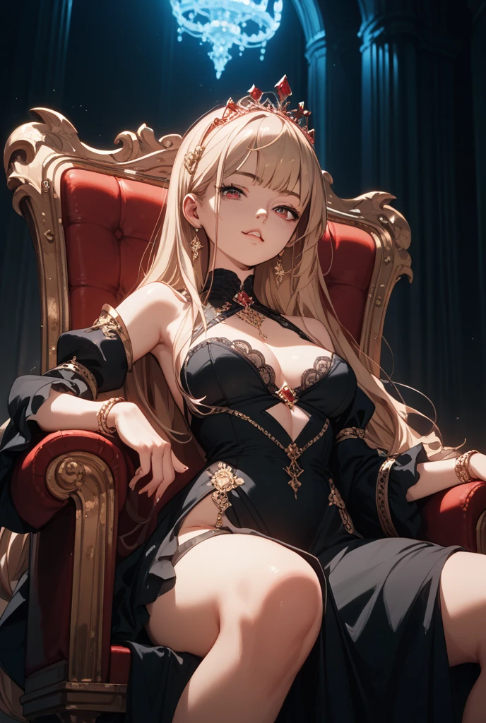 (masterpiece:1.2), (best quality:1.2), 1girl, a mature queen sitting on her throne, smirking confidently, looking down at the viewer, spread legs, from bellow, plunging v-neck dress, high heeled boots, fur, fantasy, detailed background, throne room