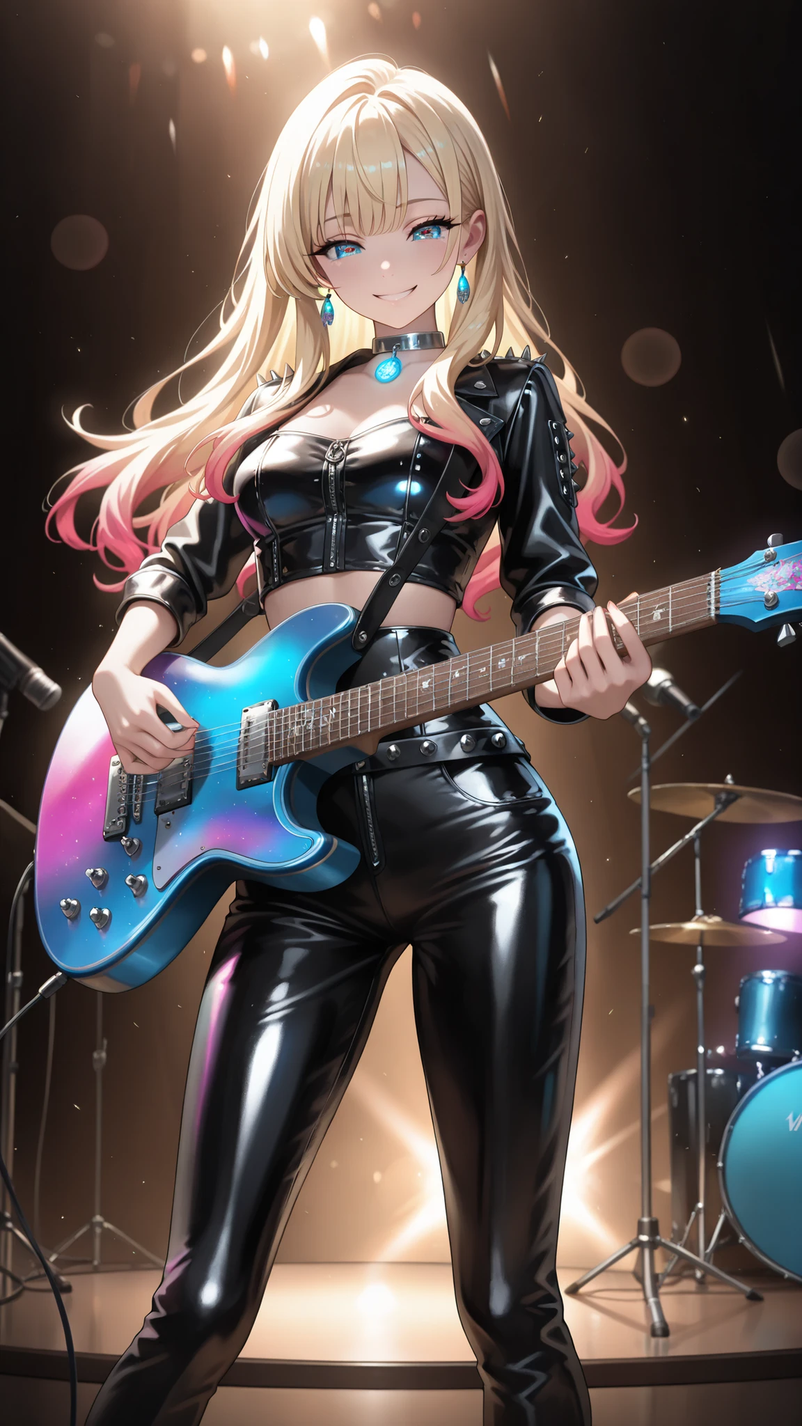  , very detailed depiction, perfect quality, High Quality, masterpiece, blonde hair, multicolored hair, long  hair,  blue eyes, smile , handsome woman , fashionista girl , punk woman, (full detailed black leather outfit , metal collar , choker , bow , leather pant) , vibrant colors  , extremely detailed eyes and face , long eyelashes , vivid colors , professional , ultra-detailed , studio lighting , bright colors , concert , large stage , young woman playing guitar , rock and metal music , trusty guitar , energetic performance , passionate expression , ethereal atmosphere , powerful guitar solos , electric guitar , energetic movement , magical glow , intricate details , volumetric lighting , iridescent colors , glowing lighting , atmospheric lighting , lens flare , Cinematic light , colorful light 