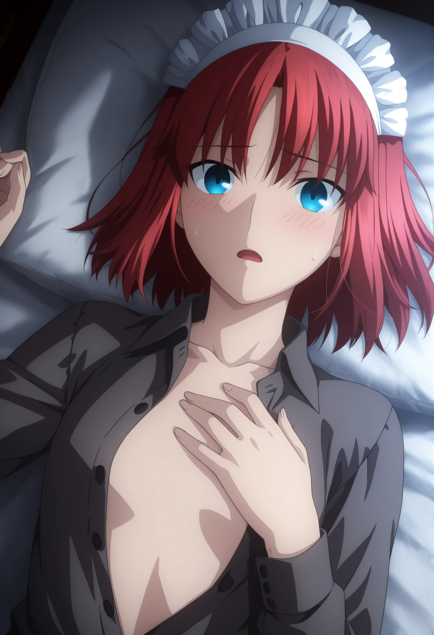 masterpiece, best quality, amazing quality, highres, absurdres, very aesthetic, high resolution, ultra detailed, perfect details, midnight, , indoors, ufotable style, (from above), backlight, upper body,((dark)), (dutch angle),(face away, head lift), solo,
1girl, ufotable style, anime style, (anime coloring), (anime screencap) ,(aged up), (on back, on bed), (holding own chest, ), (open mouth),
girl, mature, slim body, slender body, ,Hisui(tsukihime), red hair, bangs, (short hair, bob cut hair),((light blue eyes)), straight hair, , BREAK ,maid headdress, (), (dark black gray dress shirt, ),front open shirt , (small breasts),flat chest,(light skin), (looking at viewer, ), embarrassed, ,