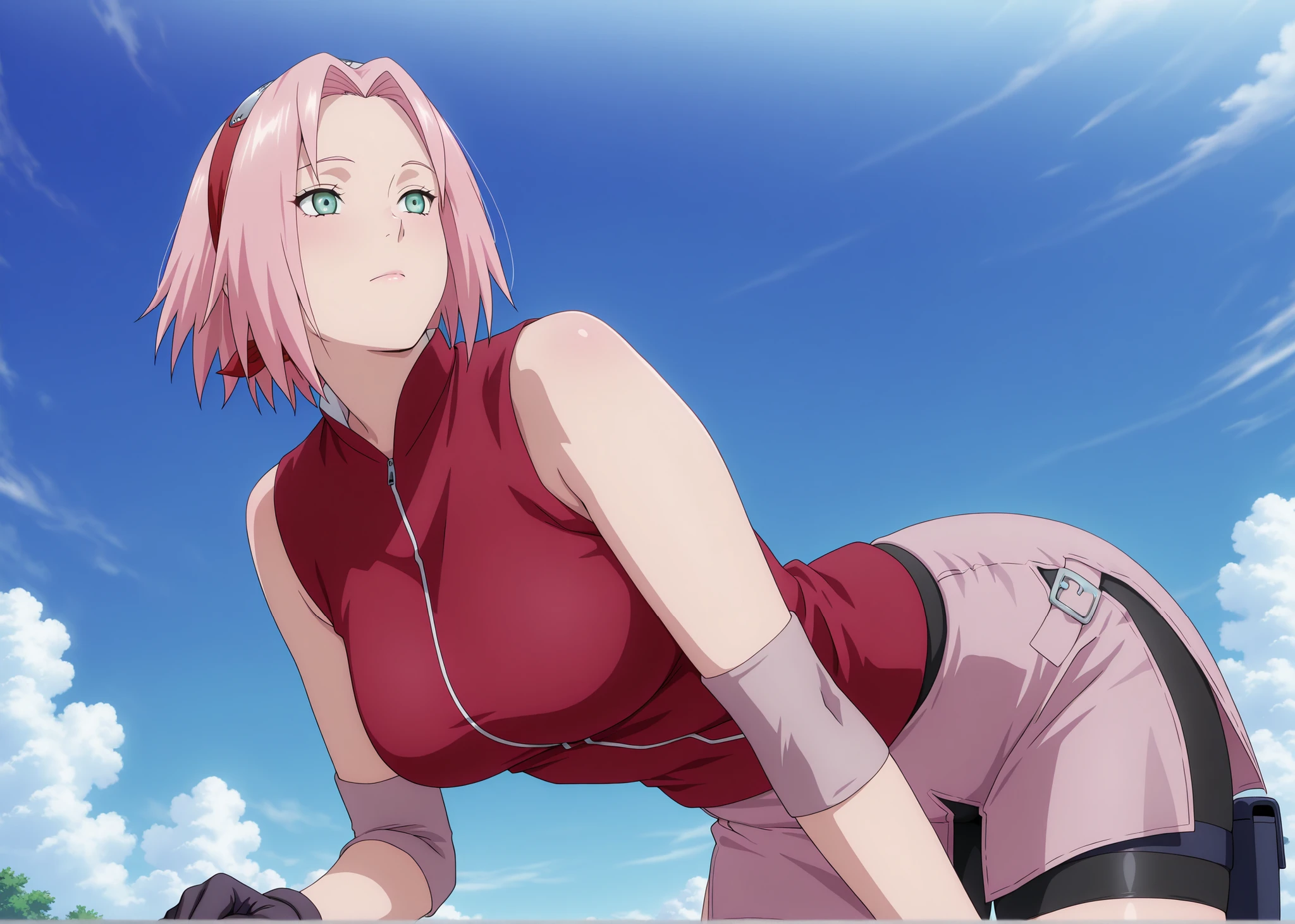 anime screencap, anime coloring、solo,masterpiece,best quality,super fine illustration、finely detail 、clear picture、UHD、HDR, amazing quality, highres, absurdres, very aesthetic, high resolution, ultra detailed, perfect details,(masterpiece, detailed:1.2),1girl, haruno sakura, pink hair, short, hair, green eyes, forehead protector、sleeveless, red shirt, bike shorts, shorts, black gloves、 mature female,