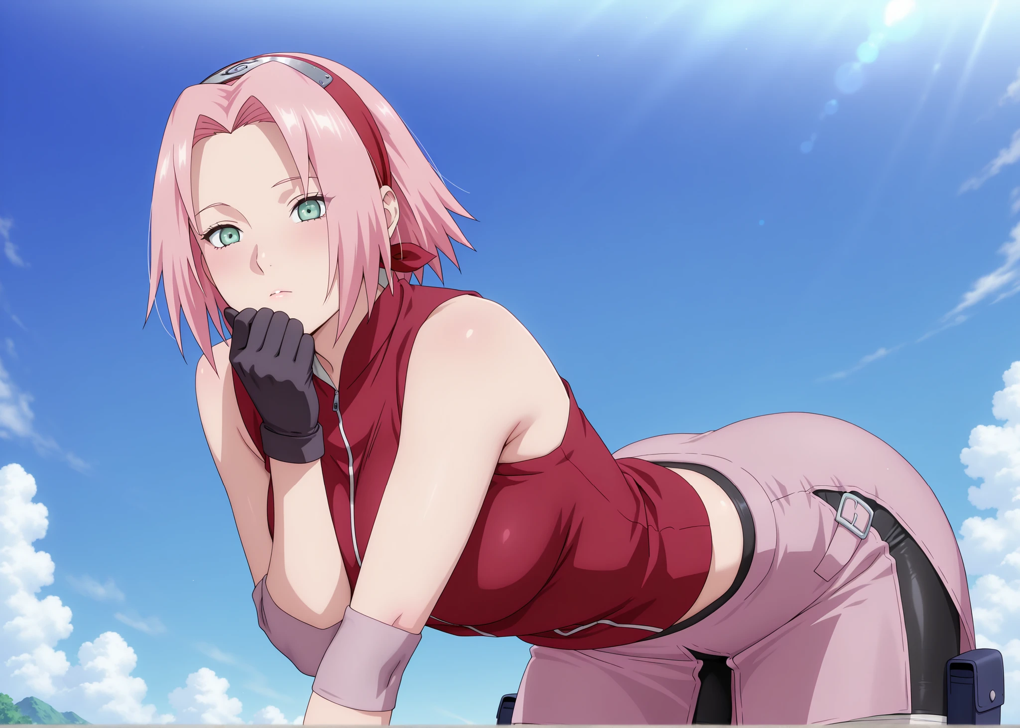 anime screencap, solo,masterpiece,best quality,super fine illustration、finely detail 、clear picture、UHD、HDR, amazing quality, highres, absurdres, very aesthetic, high resolution, ultra detailed, perfect details,(masterpiece, detailed:1.2),1girl, haruno sakura, pink hair, short, hair, green eyes, forehead protector、sleeveless, red shirt, bike shorts, shorts, black gloves、 mature female,