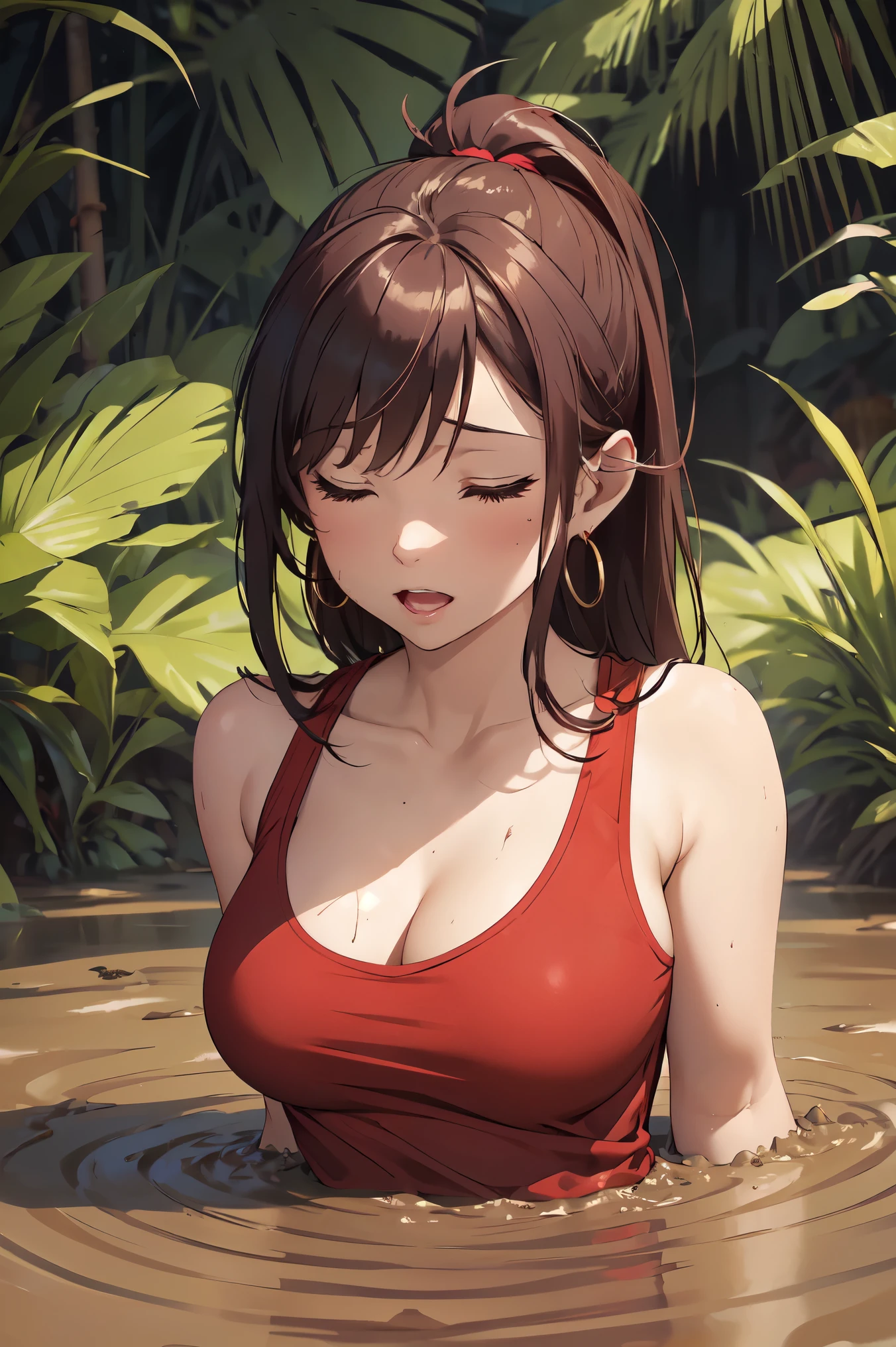pretty girl in a red tank top, Red horse tail , in earrings , Beautiful, she got stuck up to her chest in quicksand, god, swamp, swamp, filthy, sloppy, deep mud, , intimate moment , passion , (head thrown back to the sky:1.3), look up, Her eyes are closed, her mouth is open, jeans