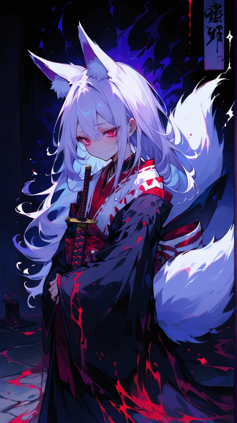 (abstract art:1.3),(psychedelic,futuristic:1.2),masterpiece, highly detailed 8k cg, best cinematic quality, volumetric lighting and shadows,perfect reflection,
(white theme:1.2), (fox theme:1.2),
(white long hair, 1 perfect girl with sexy body,perfect white fox ears,red glowing eyes, glowing body,kimono,1 perfect white fox tail,IncrsTailsFixer,smirk,canine tooth,perfect detail face,perfect detail hands,perfect detail fingers :1.43),
(only use 3 colors,white,black,garnet),
ultra high res, <lora:TailsFixer:0.6> IncrsTailsFixer,<lora:acid_fluid_lora:0.4> <lora:DarkIncursioStyle:0.4>, night, (dark environment) <lora:Gloomifier_V2_TheGlow:0.3> <lora:add_detail:1> <lora:Perfect fingers Lora:0.4>