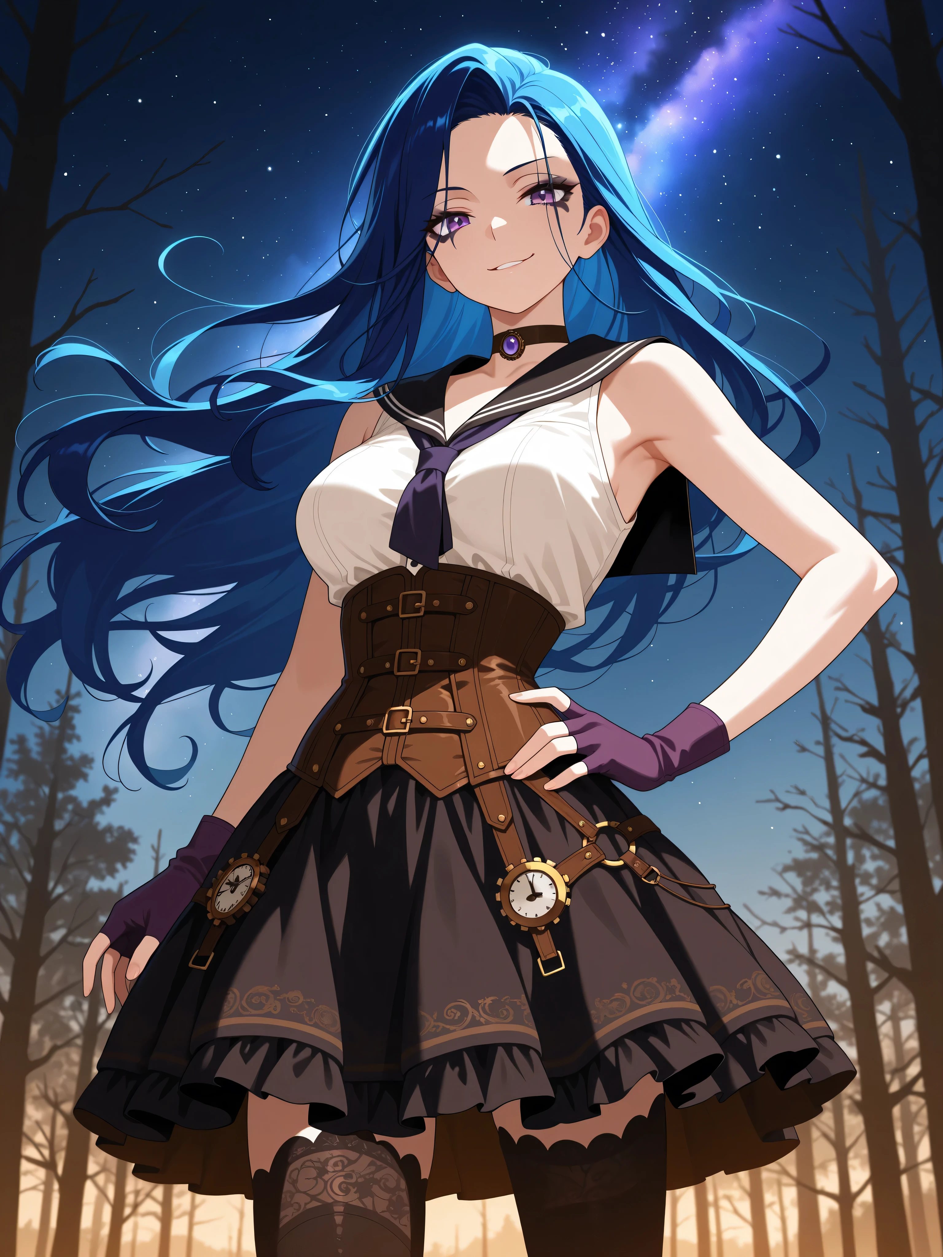 masterpiece, high quality, woman, standing, (upper body), looking at viewer, (smirking), (twilight blue hair), long hair, flowing hair, mature, (purple eyes), dark_eyeliner, long_eyelashes, hand on hip, (purple fingerless_gloves), beautiful, elegant, slim, white (sleeveless) button up shirt, (black sailor collar), black thigh highs, choker, medium bust, (brown steampunk corset), (black) Lolita style skirt, natural dynamic lighting, steampunk, at night, in a dark and misty forest, night sky, stars, milky way galaxy,
