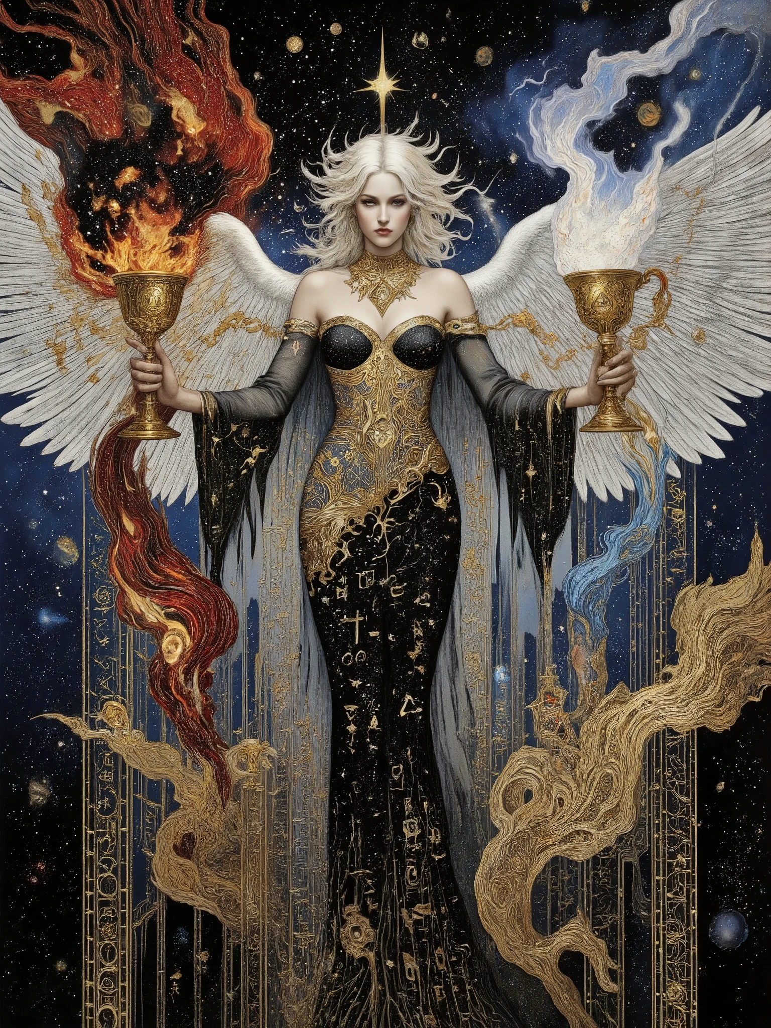 Done with art nouveau art mosaic style. An alluring, luminescent goddess with a slender yet shapely physique, adorned in a diaphanous, intricately embroidered black toga with sacred equations and esoteric symbols woven in shimmering gold and silver thread, her diaphanous gown draping elegantly across her shoulders, stands tall amidst a breathtaking, star-studded celestial expanse, with majestic feathery silver wings unfolding from her back like a shimmering aurora. Her seraphic visage is crowned with wild, windswept white blonde hair, and a smoldering violet gaze greets the viewer, as she cradles two ornate golden goblets adorned with cryptic runes, one containing a fiery, swirling black and red inferno, the other a soft, ethereal white and blue luminescence. The goblets' energies merge via a dynamic, pulsating blue and red stream in above her. As a gleaming gold triangle pendant suspended from her neck points upwards like a beacon, it radiates an otherworldly aura. Behind her, a titanic, cosmic maelstrom churns, as the universe itself bends to her will, with glimmering phantasmagoria and nebulae wisps swirling around her, in a photorealistic style blending the dark, mystical elements of Gerald Brom's Gothic fantasy art, the vibrant, fantastical depth of Noah Bradley's dreamscapes, and the visionary, ethereal aesthetic of Andrew Gonzalez's cosmic landscapes, with meticulous attention to intricate details, believable texture, and atmosphere.