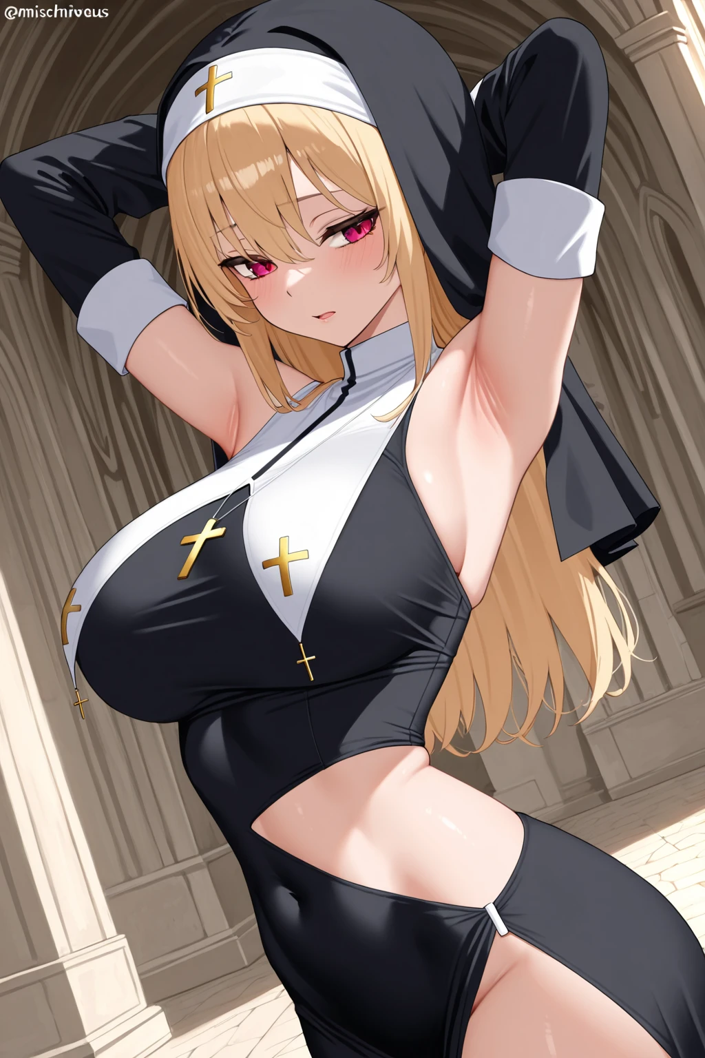 <lora:lovelycomplex3:1>, 1girl, bangs, biya \(1024\), black dress, blonde hair, blush, breasts, clothing cutout, covered navel, cross, dress, habit, highres, large breasts, latin cross, long hair, long sleeves, looking at viewer, nun, open mouth, pelvic curtain, red eyes, solo, thigh-highs, thighs, under boob, underboob cutout, white legwear