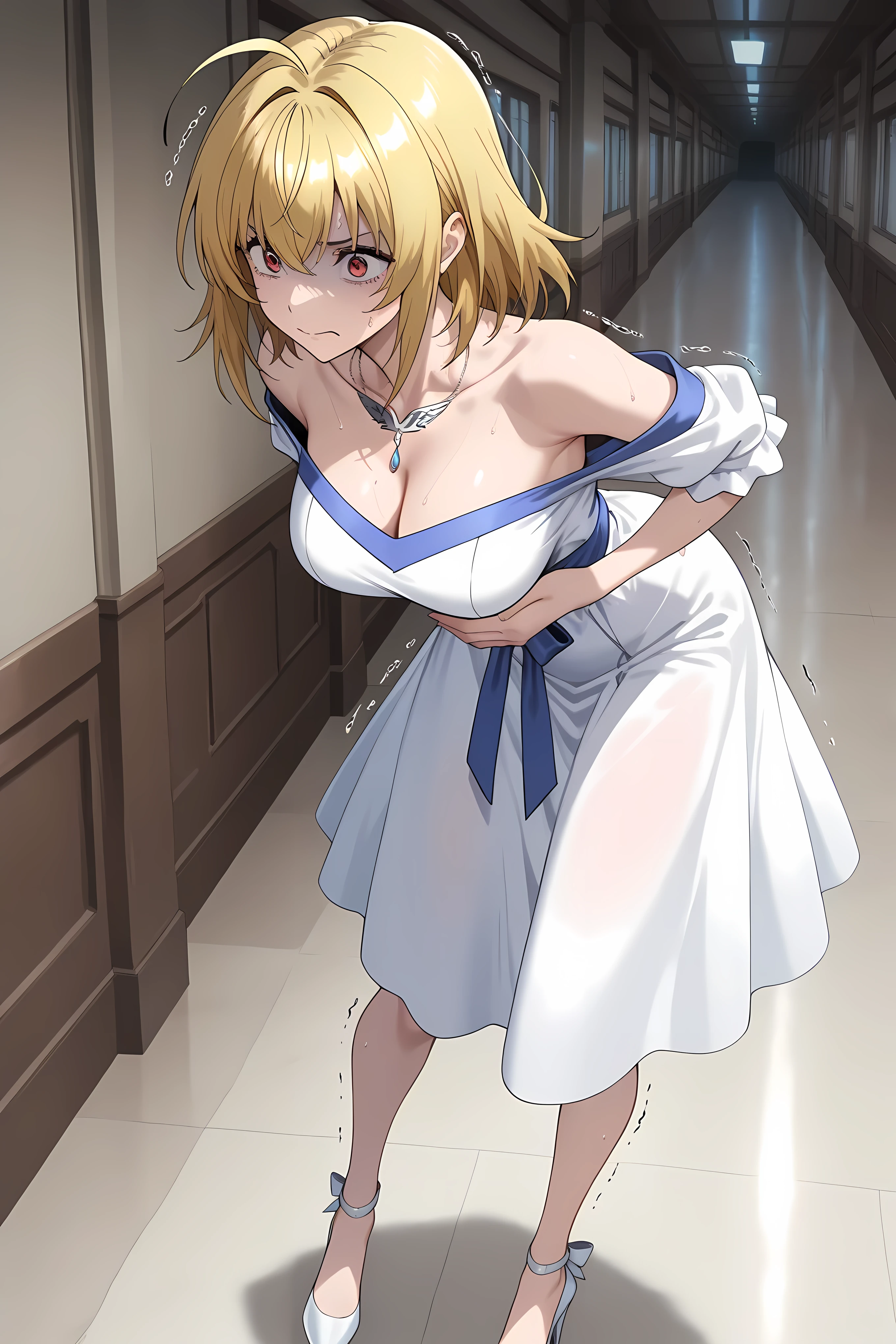 masterpiece, best quality, amazing quality, very aesthetic, absurdres, newest, scenery, 1girl, solo, huge breasts, exhausted, embarrassed, wink, blush, open mouth, <lora:Saber illustxl:1> artoria pendragon (fate), saber (fate), blonde hair, green eyes, ahoge, hair ribbon, blue ribbon, short hair, sidelocks, hair bow, blue bow, ponytail, white choker, bare shoulders, white dress, strapless dress, cleavage, white gloves, elbow gloves, garter straps, white thighhighs, lace trim thighhighs, standing, (leaning forward:1.4), arms up, armpits, sweat, bdsm, restrained, heavy breathing, steaming body, red aura, magic circle, dark, night, cellar, inside, (from side:0.9), looking away, shiny skin, masterpiece, best quality, amazing quality, very aesthetic, absurdres, newest, scenery