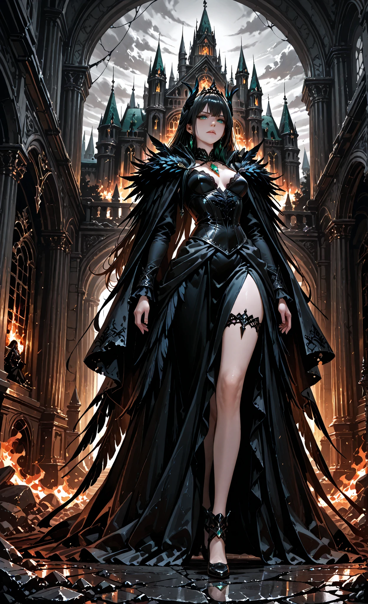 Superb quality , artistic masterpiece, Detailed Description, Fallen Princess, Black feather decoration , Broken Royal Family Crest, Emerald Pendant, Burning Library, grey sky, with a cold gaze, Noble Standing Figure, Luxurious Jewelry, Cloister of the old castle, dim moonlight, Gothic Horror
