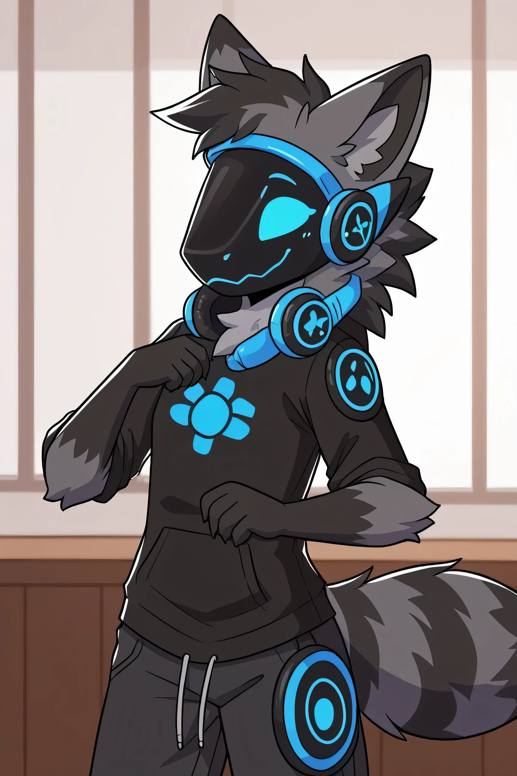 furson, Fusrona, protogen, raccoon, eyes, eyes silhouette, high, Charcoal gray fur with a characteristic black "Mascara" around her eyes, Inside of the ears and silvery-white belly, Large, fluffy tail with dark gray stripes, Blue-gray eyes that shine slightly in the dark, Dressed in an oversized blouse and loose-fitting dark gray sweatpants, Wears headphones around the neck, cuerpo completo, Legs instead of hands, Four fingers