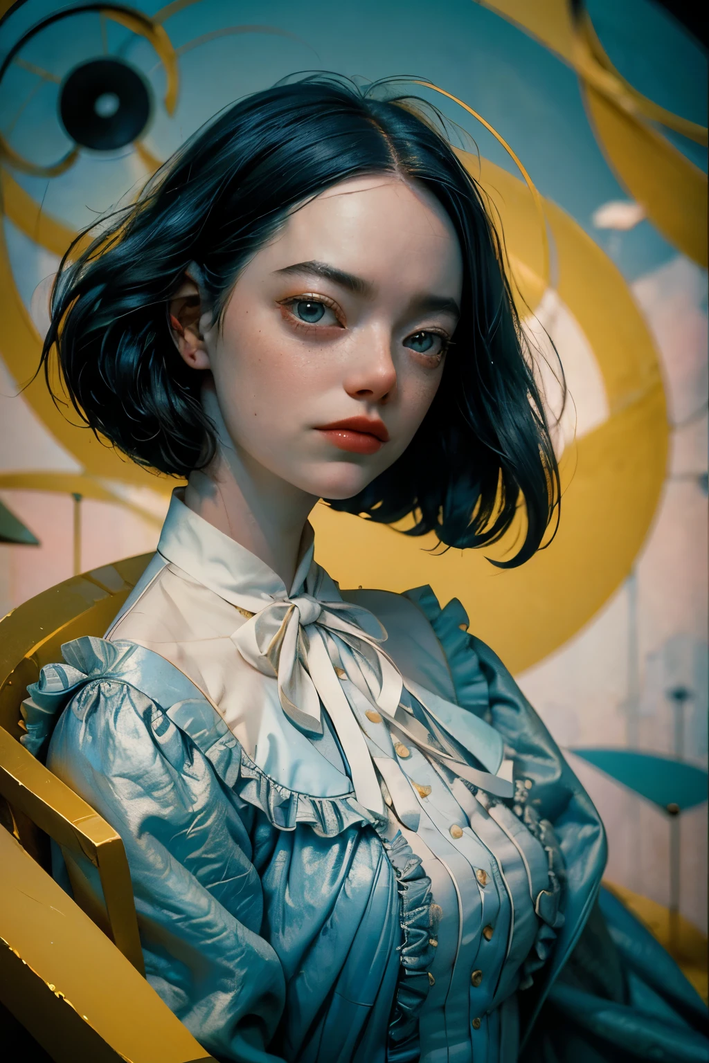 masterpiece, best quality, movie still, 1girl, emst, (long black loose hair:0.8), victorian blue dress, thick eyebrows, floating in the sky, (close-up:1.1), bright, happy, fun, soft lighting, (Bauhaus, shapes, lines, abstract:1.1), ankymoore