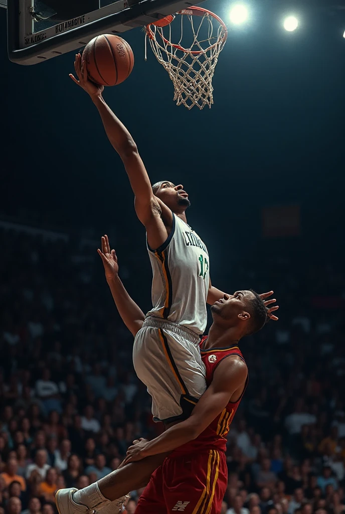 A tense moment of basketball match. A player jumping up to throw a basket, his body bends perfectly, eyes focused on the basket. sweat glistening on forehead, and stretched muscles. rearward, opponent trying to obstruct. the bright stadium lights, create elongated shadows, and a crowd of blurry spectators is cheering. Real-style photo, show strength, } determination and energy of the match.