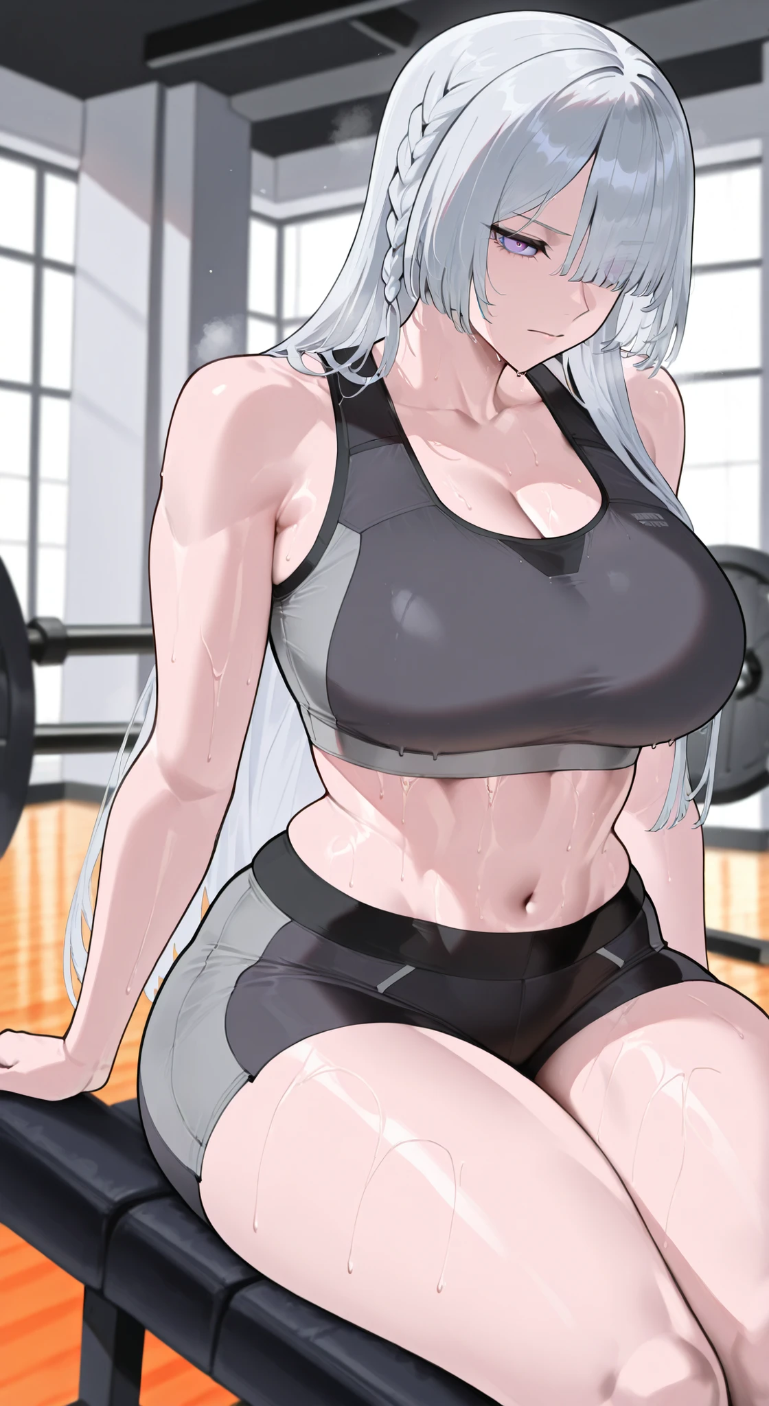 masterpiece,best quality, newest, beautiful woman, ak-15 (Girl's Frontline), Alone, long hair, purple eyes, upper side braid, gray hair, hair over one eye, wears an elegant tight black sports bra and sports bra, voluptuous and defined figure, anatomía perfecta, Tall woman, sitting in a gym, covered in sweat